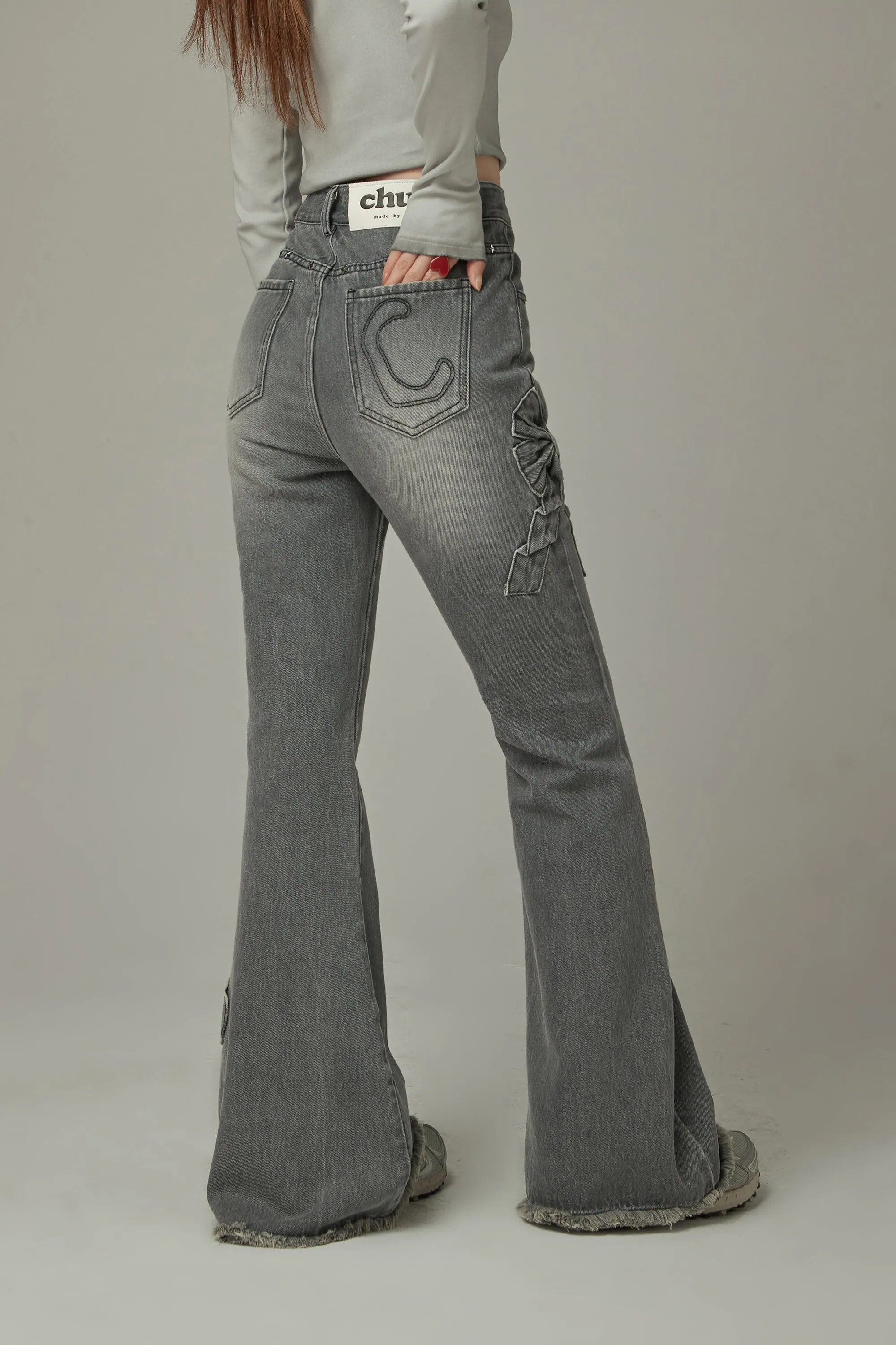 Bow Design Frayed Hem Bootcut Denim Jeans