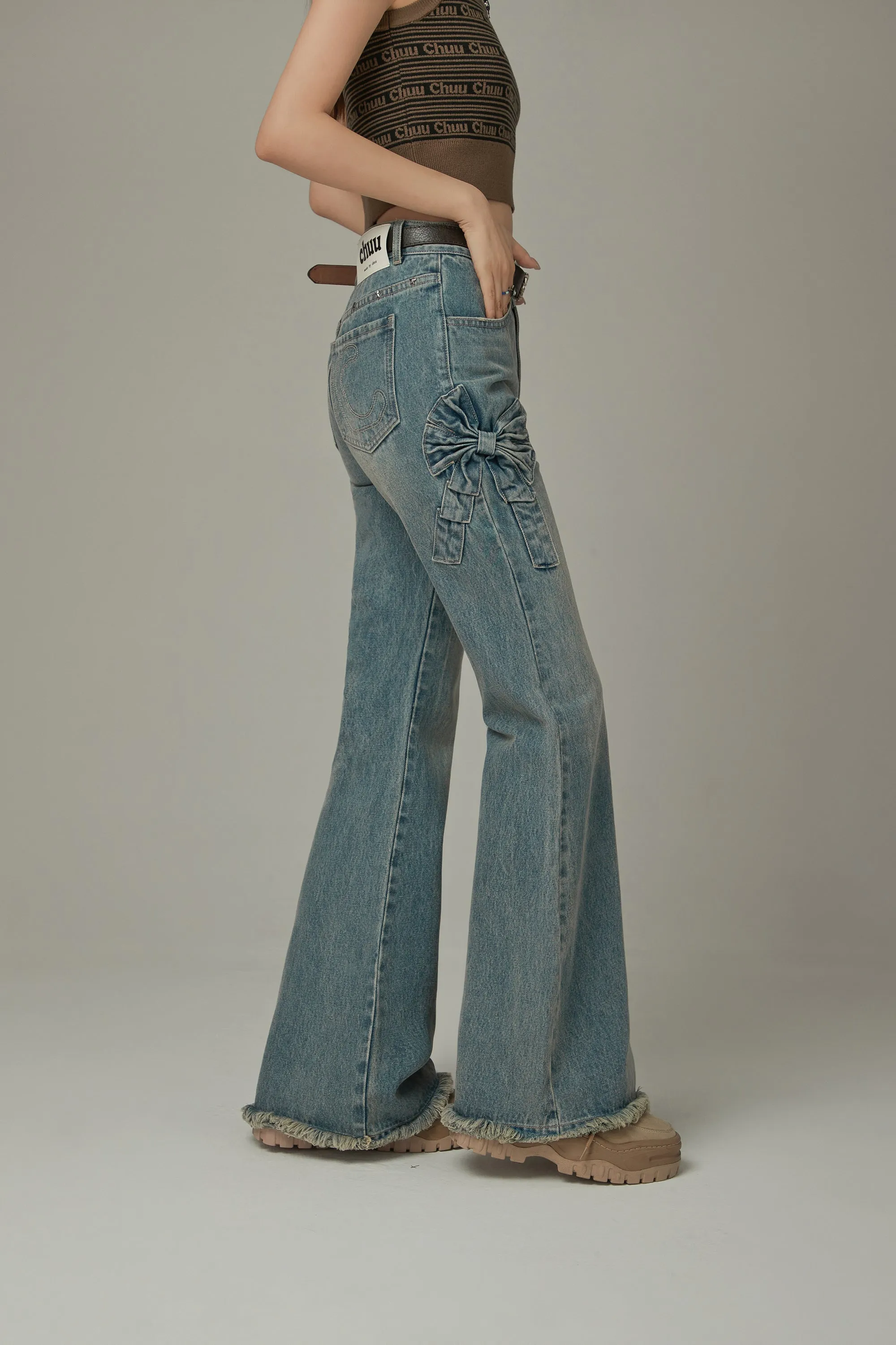 Bow Design Frayed Hem Bootcut Denim Jeans