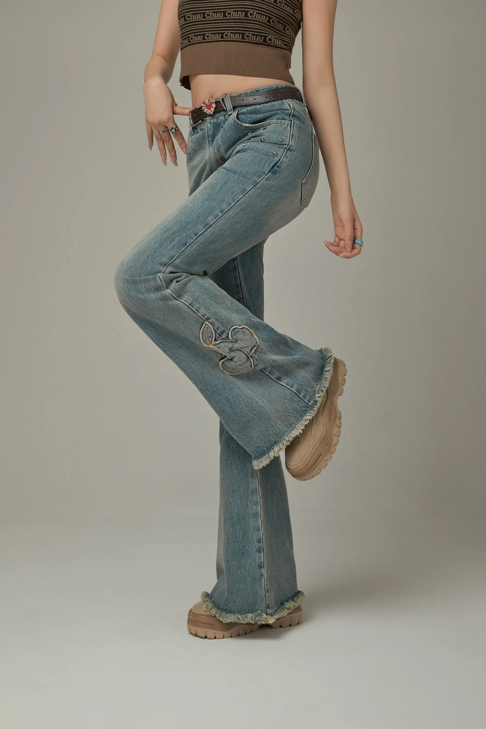 Bow Design Frayed Hem Bootcut Denim Jeans