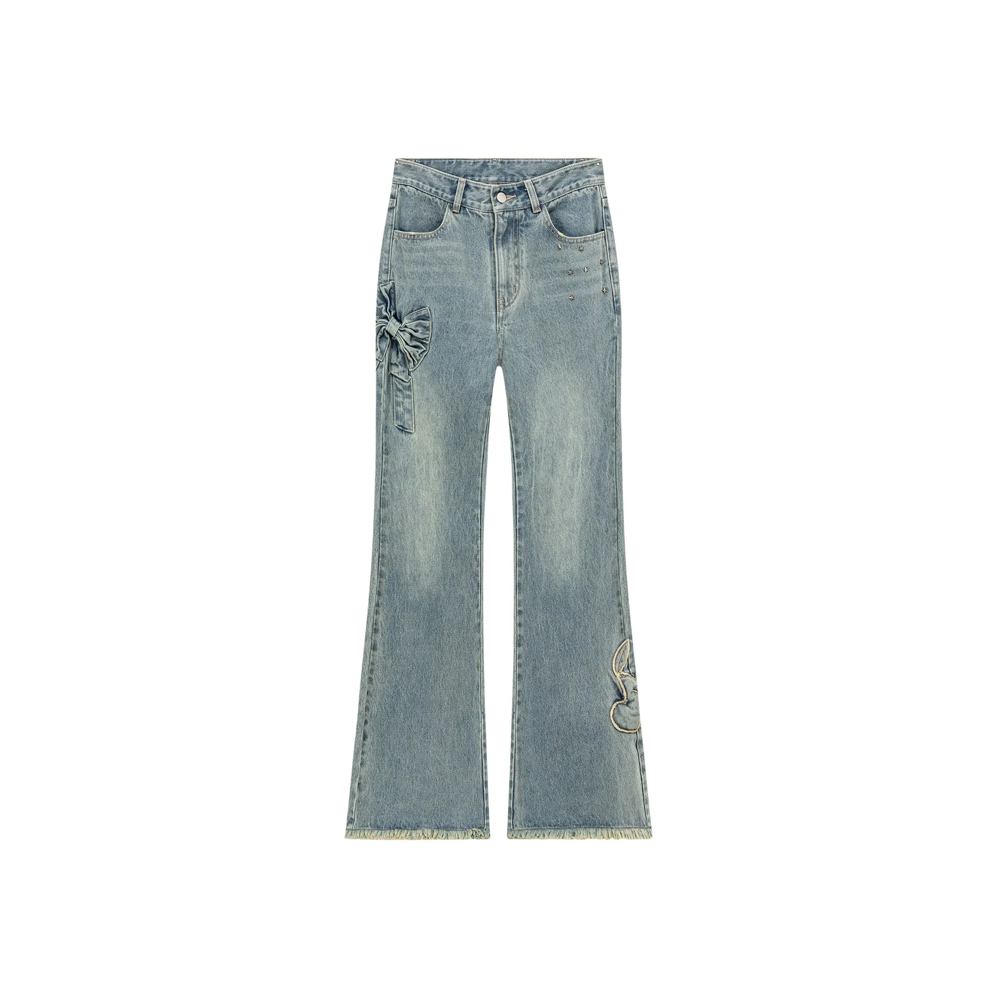 Bow Design Frayed Hem Bootcut Denim Jeans