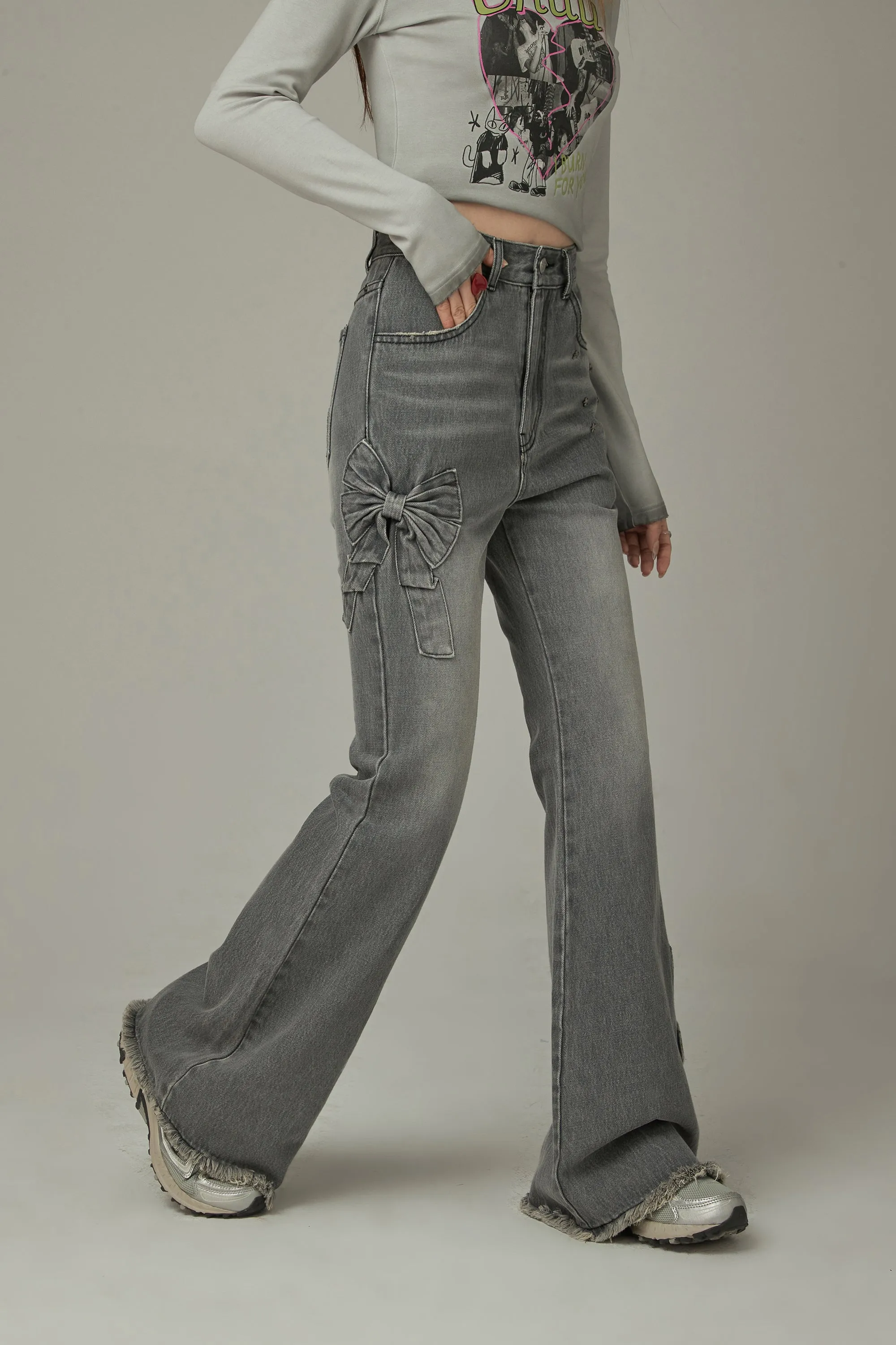 Bow Design Frayed Hem Bootcut Denim Jeans