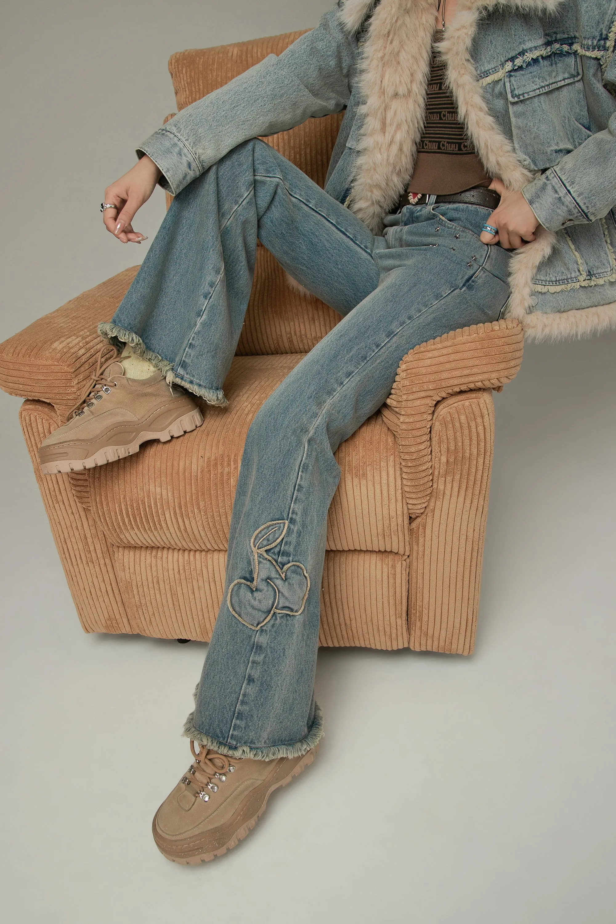 Bow Design Frayed Hem Bootcut Denim Jeans