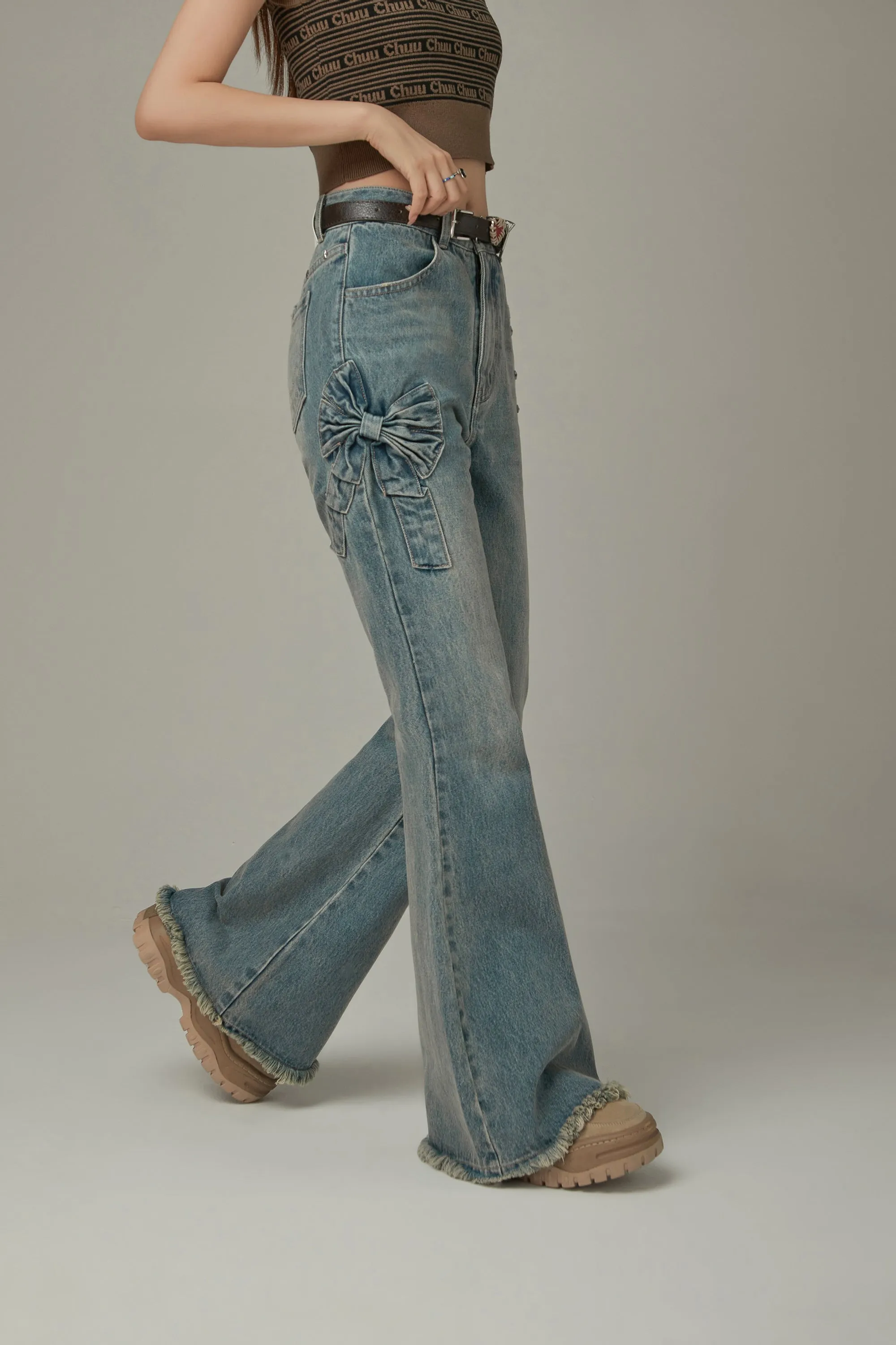 Bow Design Frayed Hem Bootcut Denim Jeans