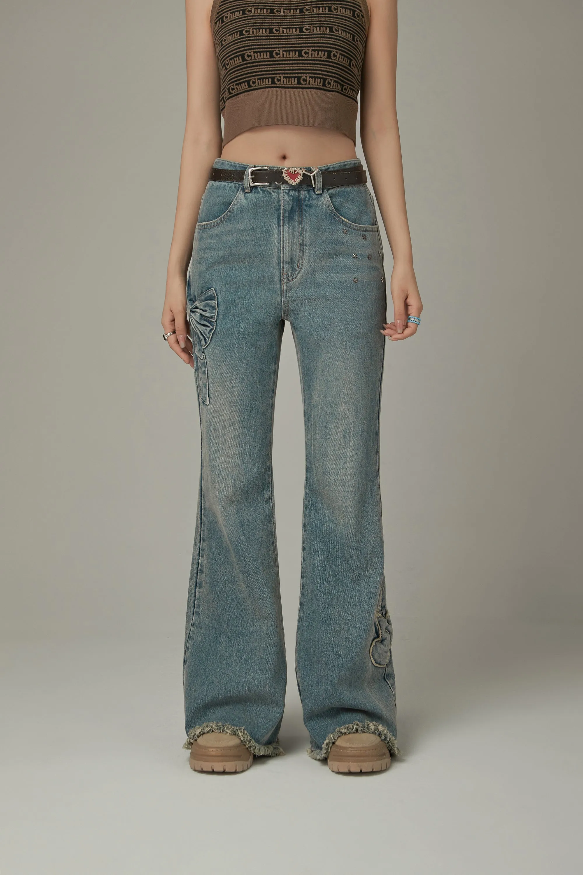 Bow Design Frayed Hem Bootcut Denim Jeans