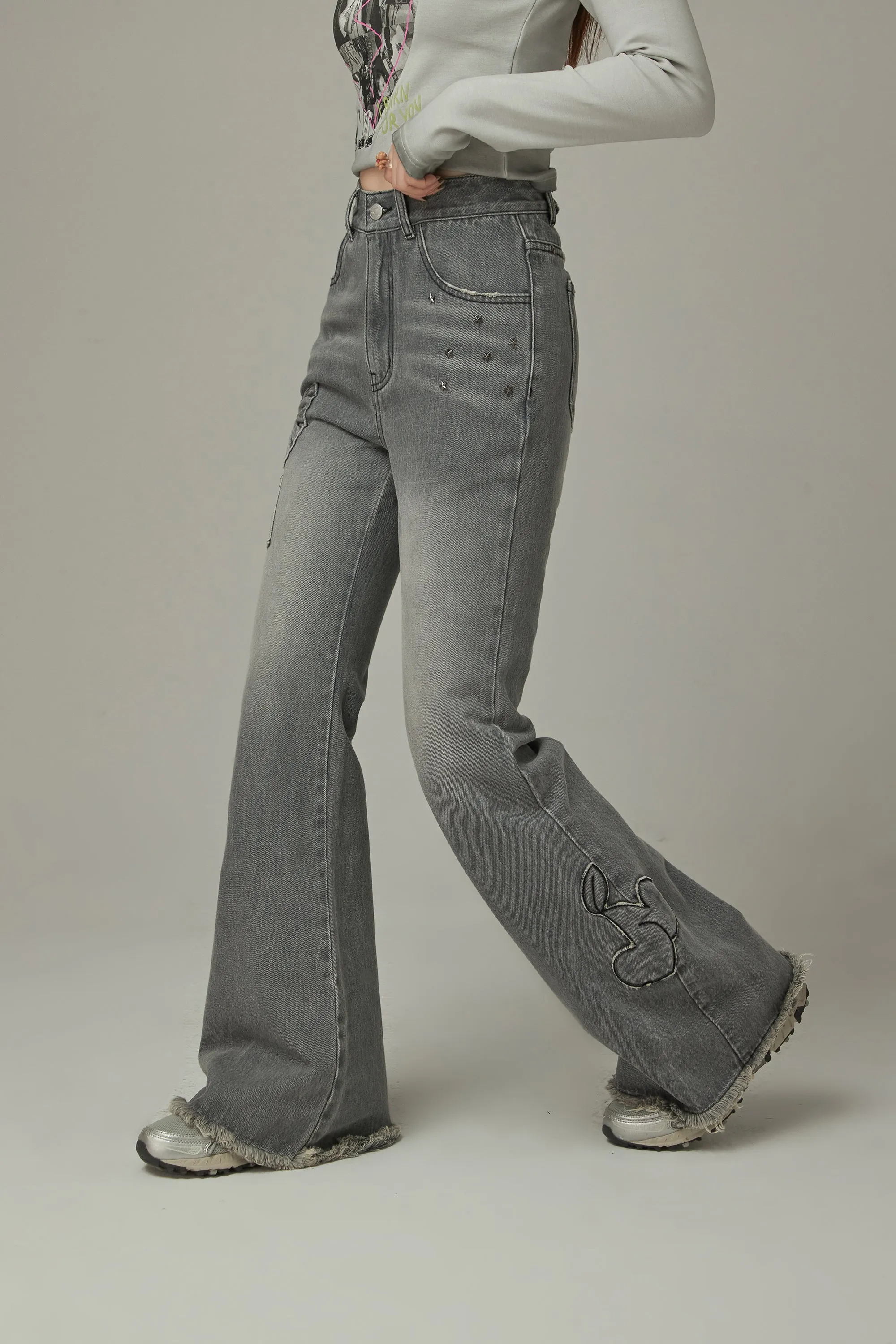 Bow Design Frayed Hem Bootcut Denim Jeans