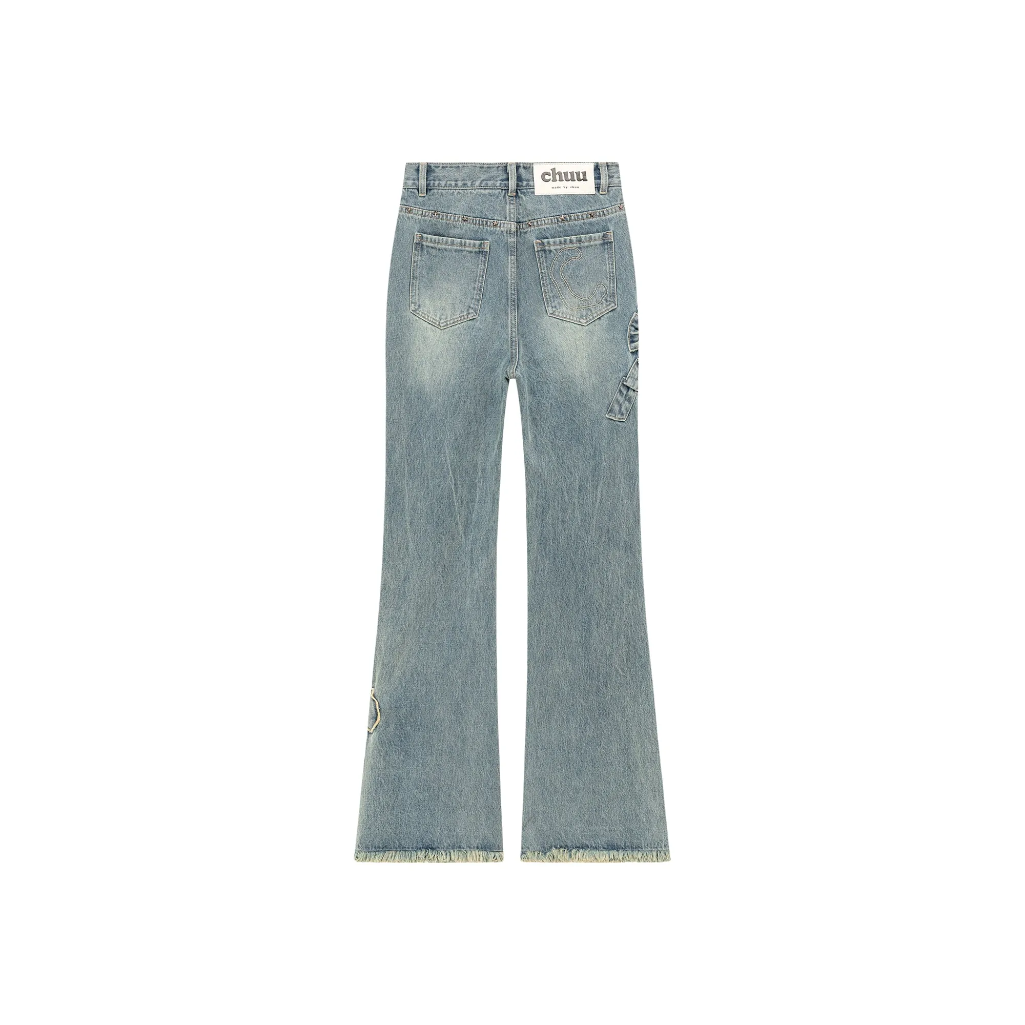 Bow Design Frayed Hem Bootcut Denim Jeans