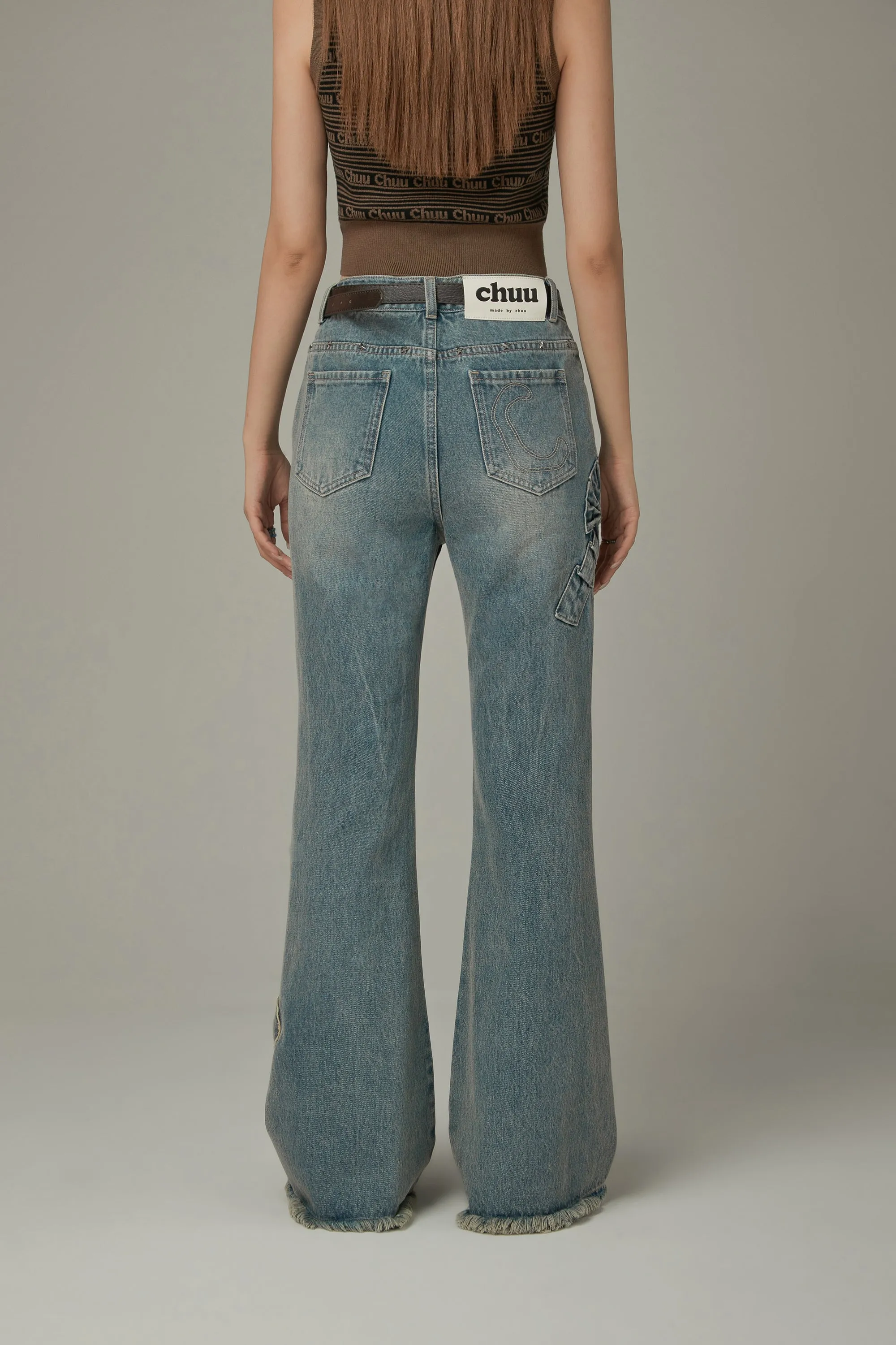 Bow Design Frayed Hem Bootcut Denim Jeans