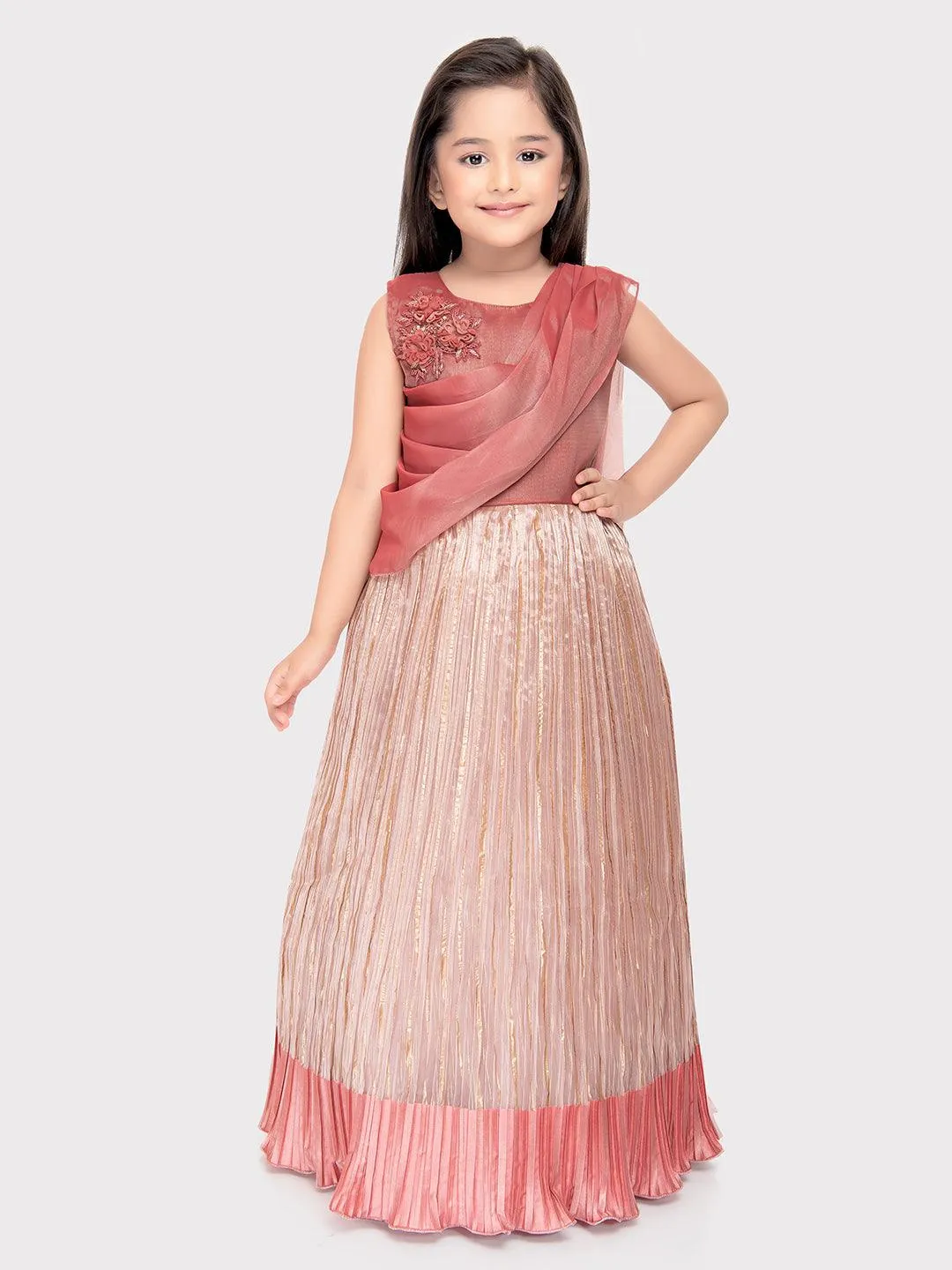 Carrot Coloured Simple Attached Dupatta Style Ethnic Wear Gown For Girls