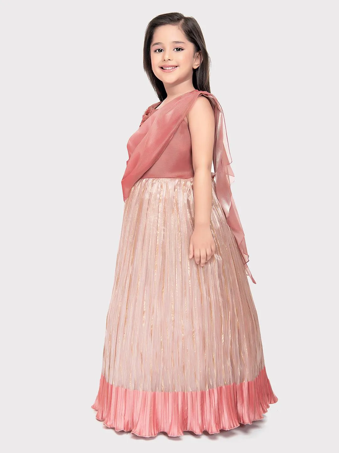 Carrot Coloured Simple Attached Dupatta Style Ethnic Wear Gown For Girls