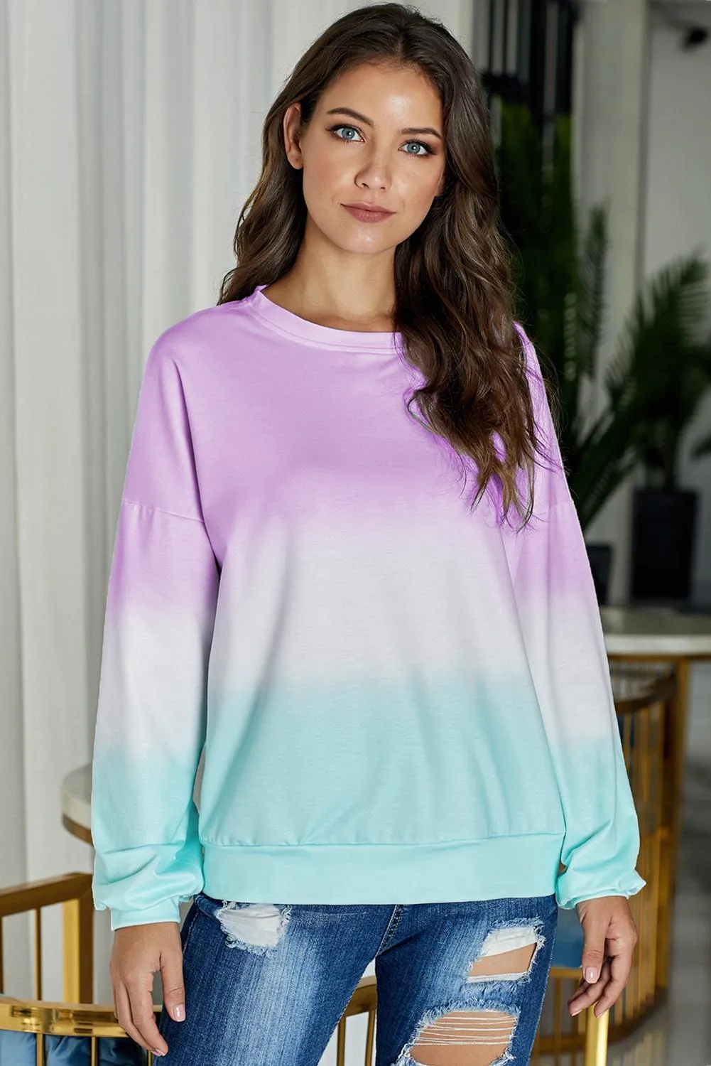 Casual Purple Color Block Tie Dye Pullover Sweatshirt