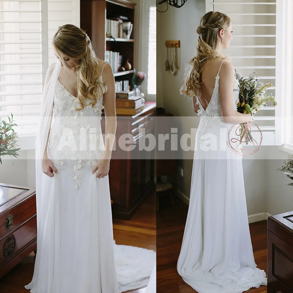 Charming Spaghetti Strap Ivory Chiffon Unique Feather Appliques Wedding Dresses, AB1131