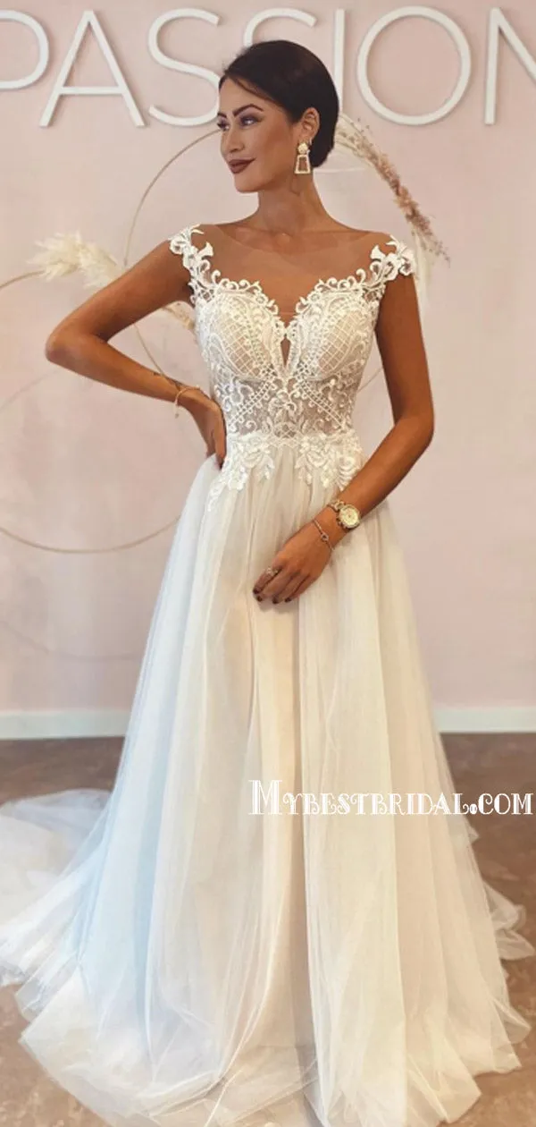 Charming V-neck A-line Long Wedding Dresses Online, WDS0087