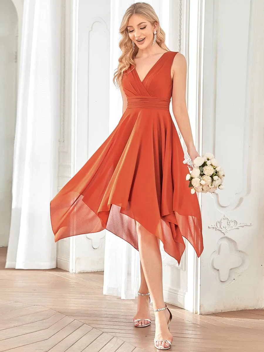 Chiffon Double V-Neck A Line Bridesmaid Dress with Asymmetrical Hem