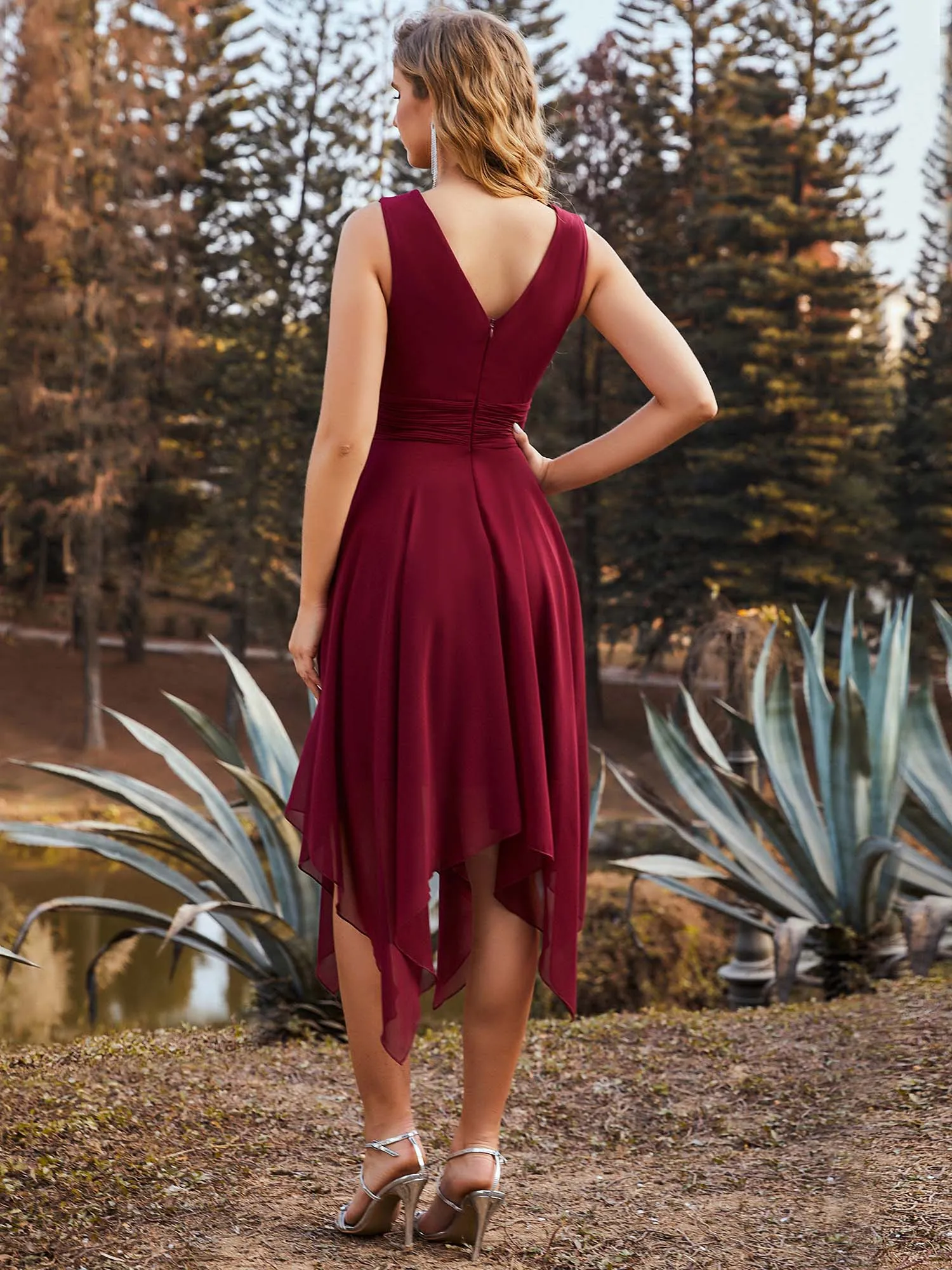 Chiffon Double V-Neck A Line Bridesmaid Dress with Asymmetrical Hem