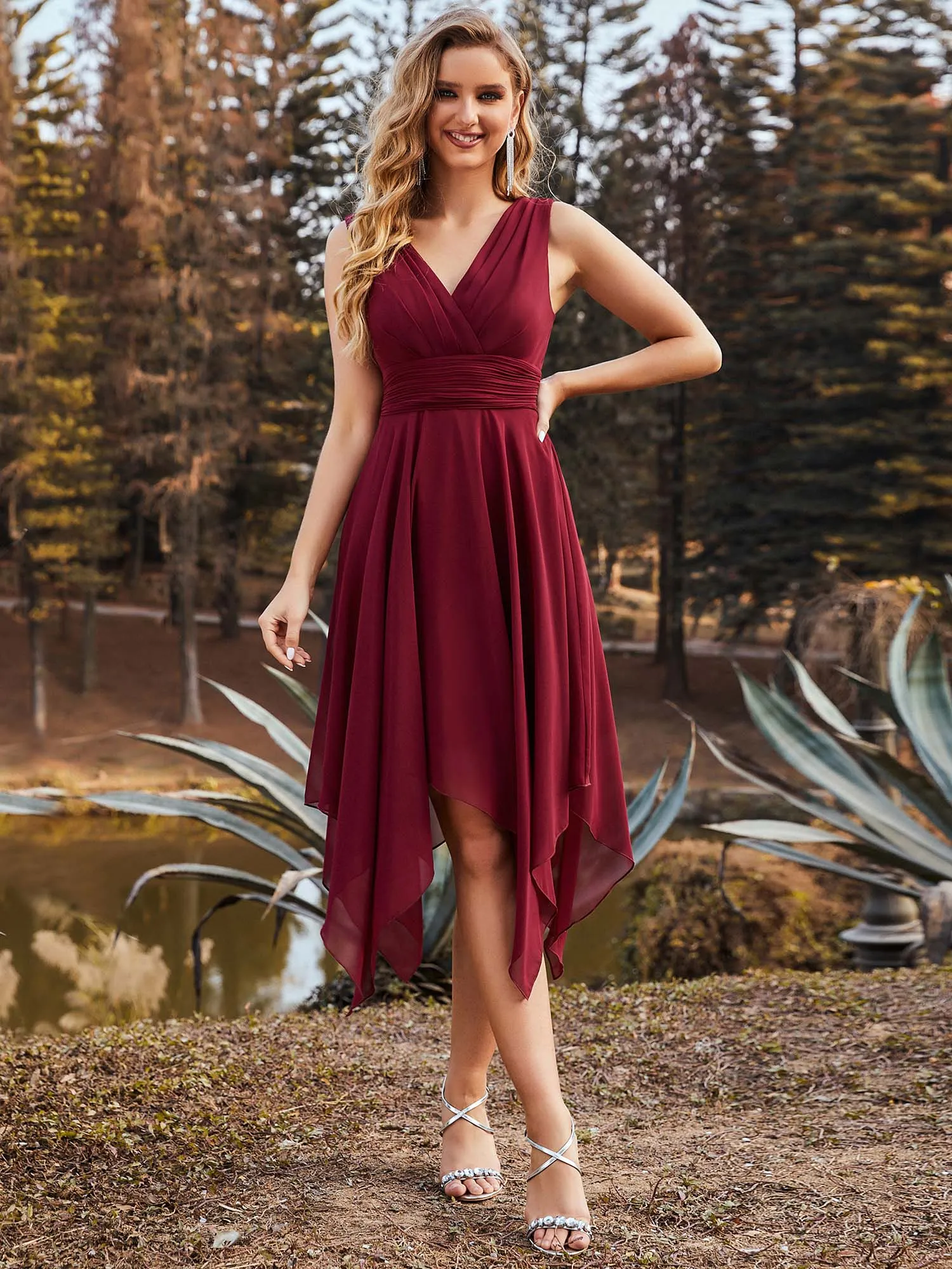 Chiffon Double V-Neck A Line Bridesmaid Dress with Asymmetrical Hem