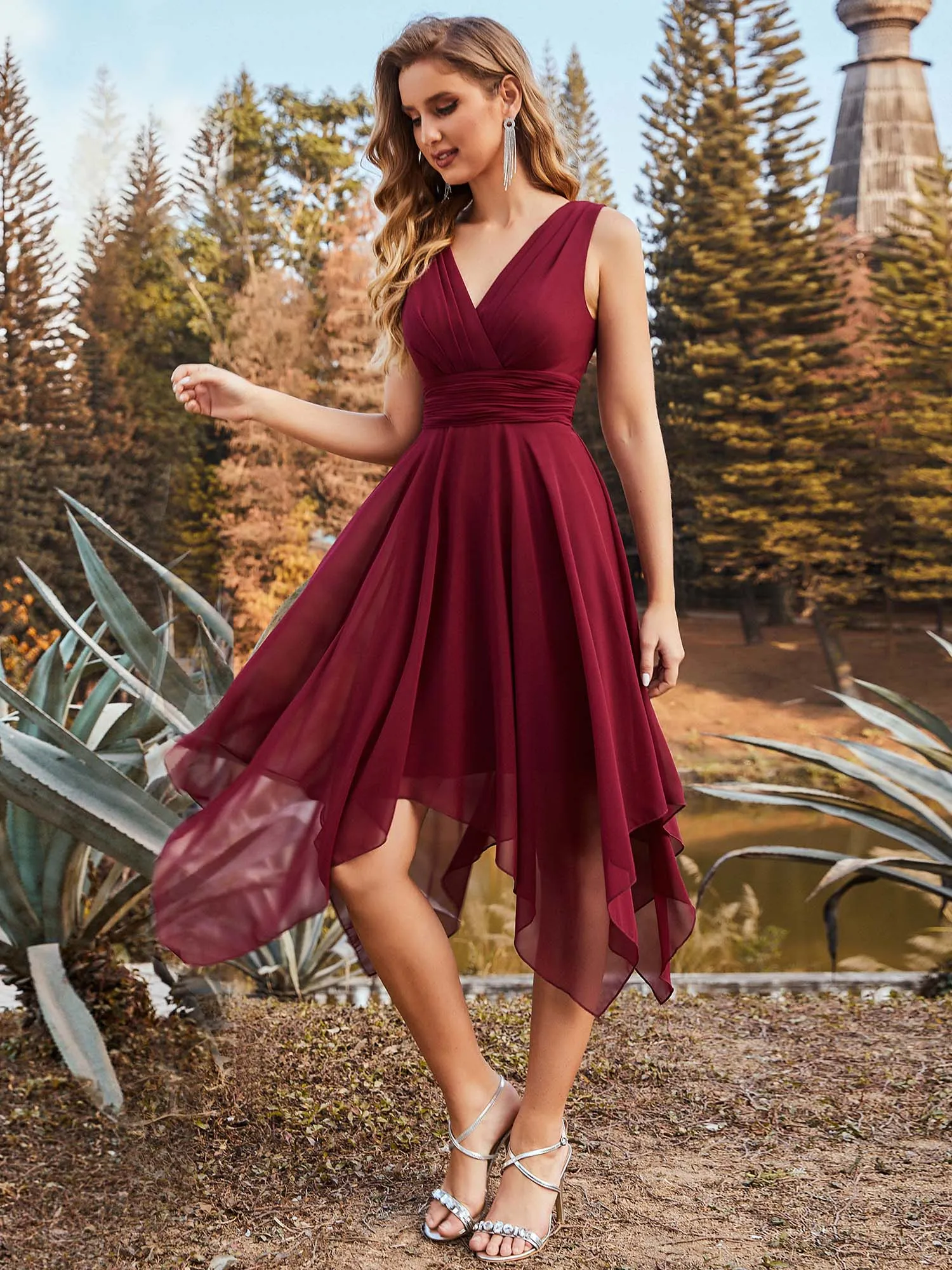 Chiffon Double V-Neck A Line Bridesmaid Dress with Asymmetrical Hem