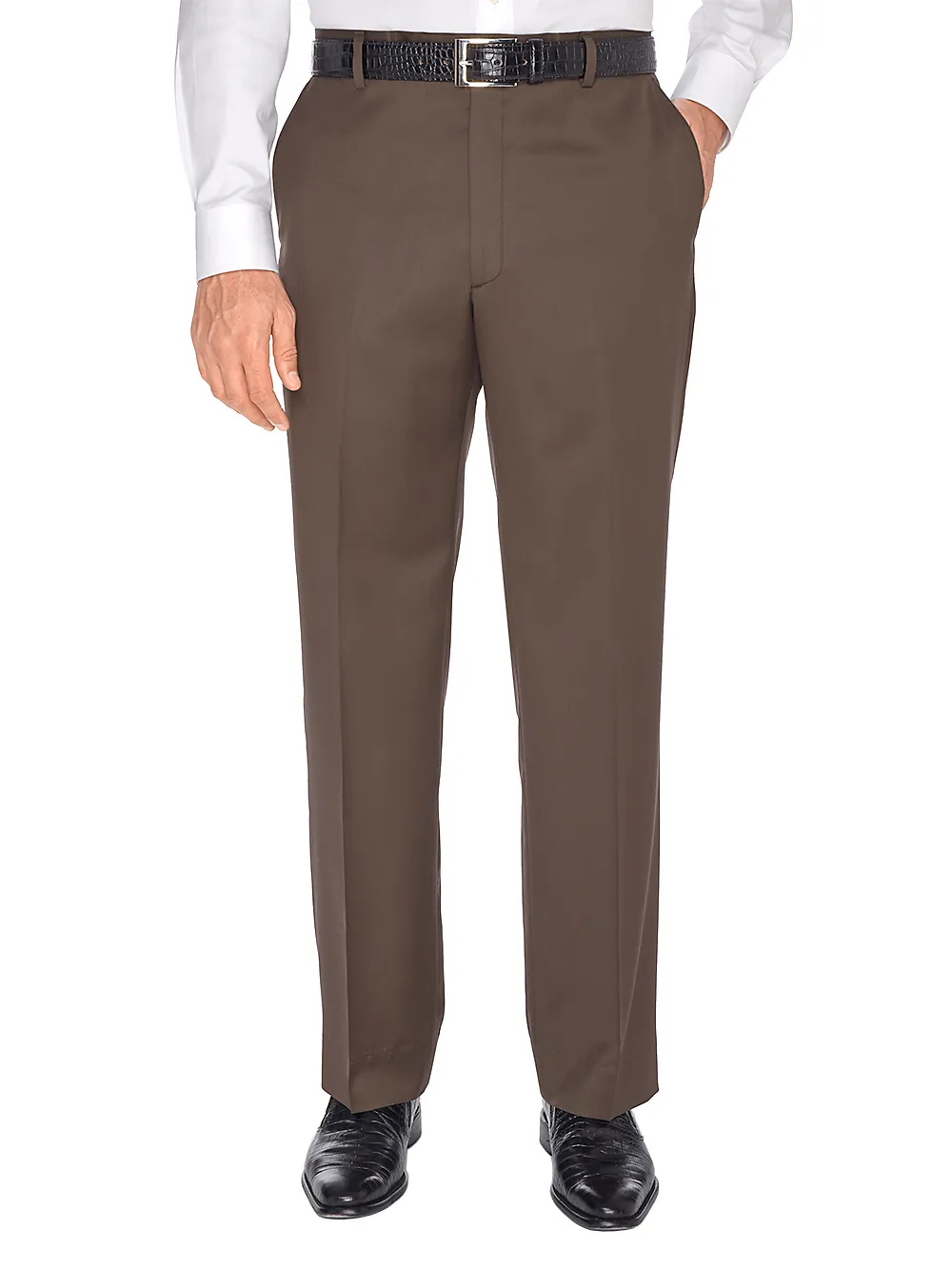 Classic Fit Wool Gabardine Flat Front Pants - Dark Brown