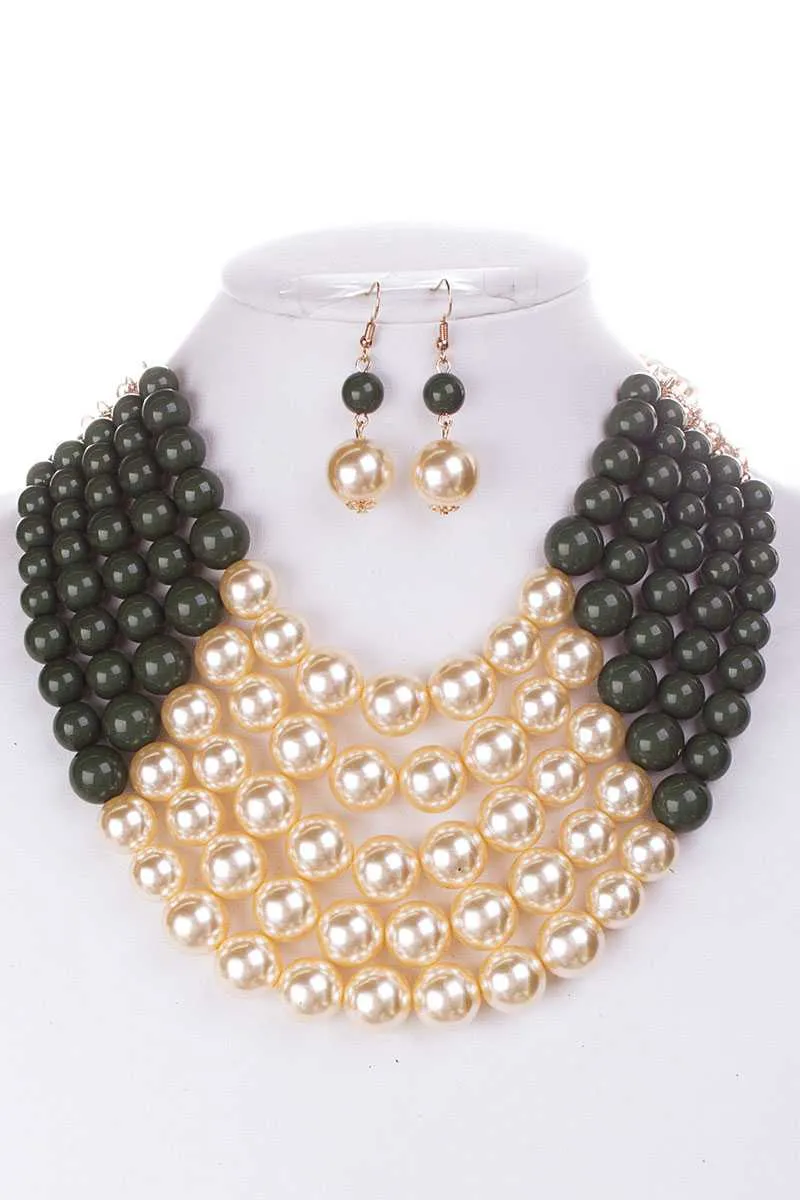 Color Block Pearl Chunky Necklace And Earring Set