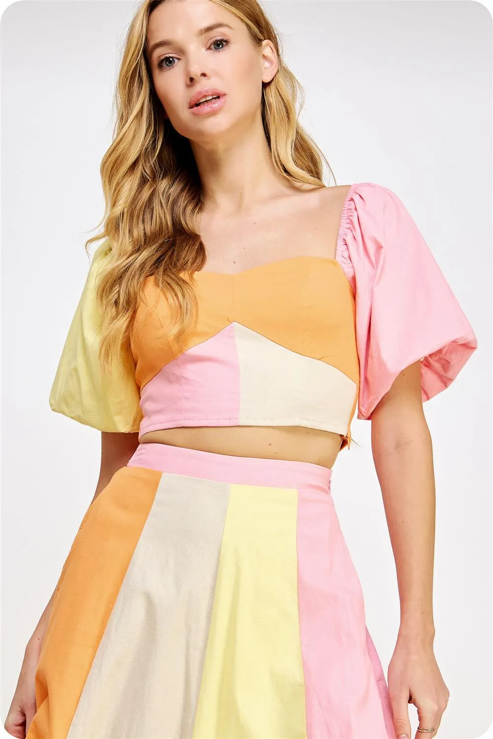 Color Block Short Puff Sleeveless Linen Top