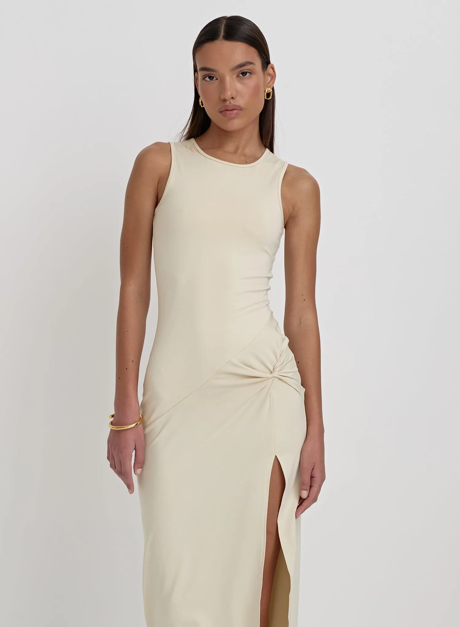 Cream Slinky Side Split Maxi Dress- Lorena