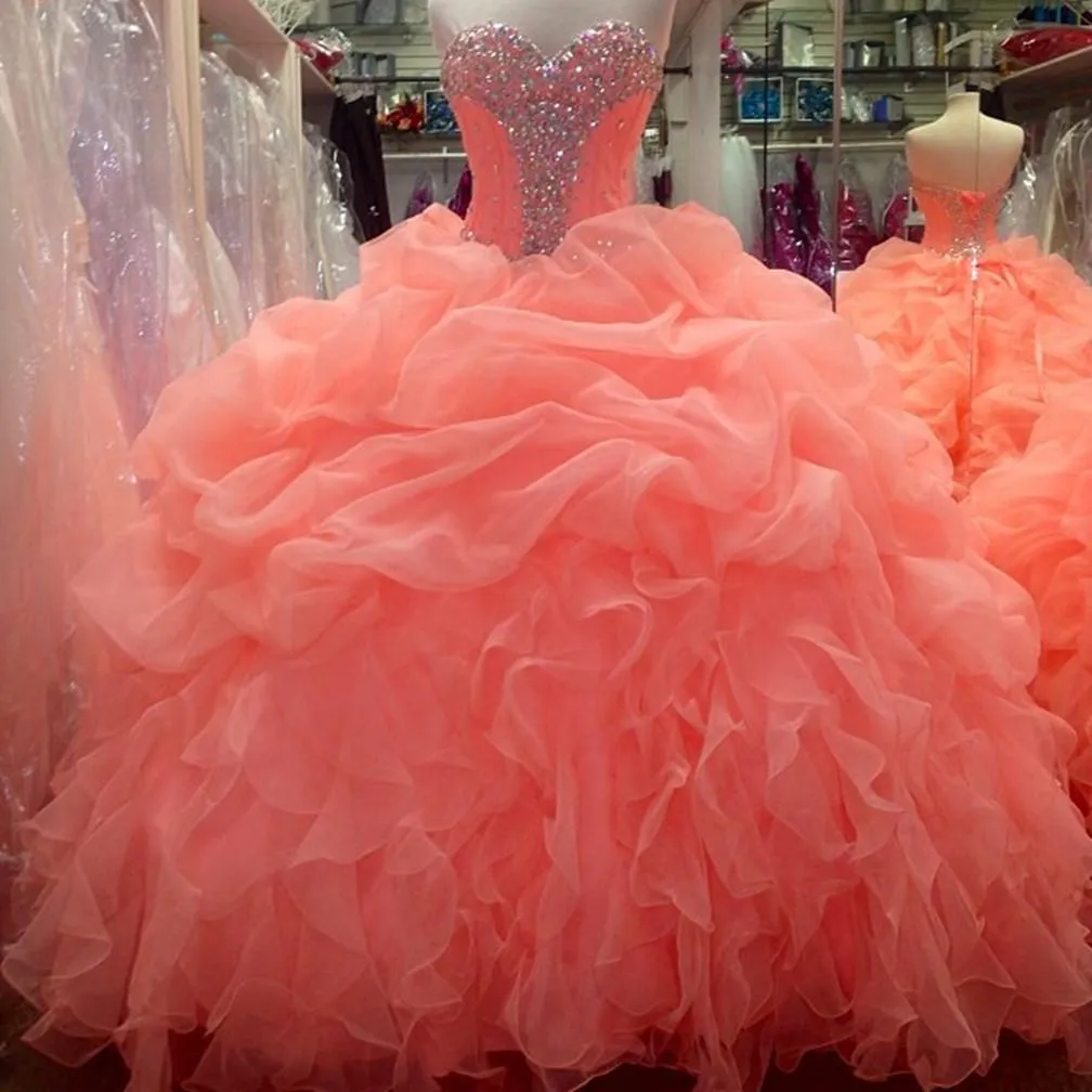 Crystal Beaded Sweetheart Organza Layered Ball Gowns Quinceanera Dresses