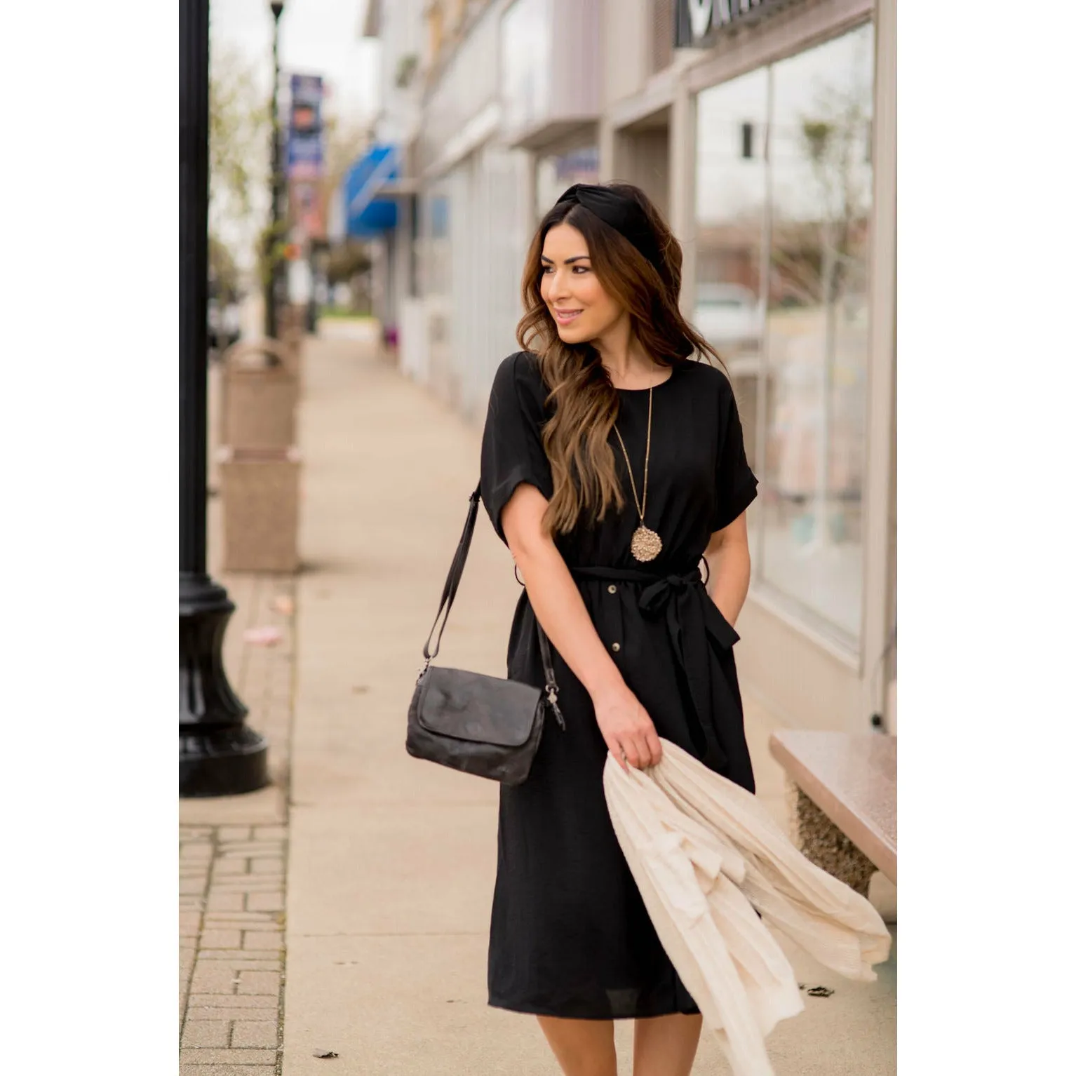 Cuffed Sleeve Tie Button Dress