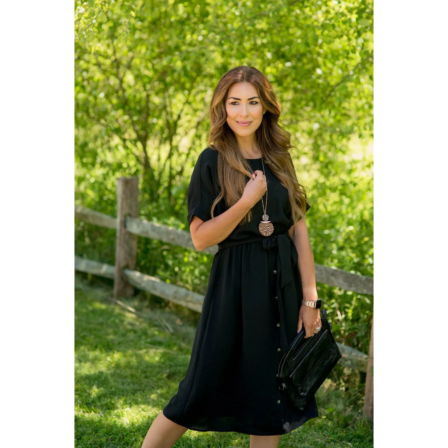 Cuffed Sleeve Tie Button Dress