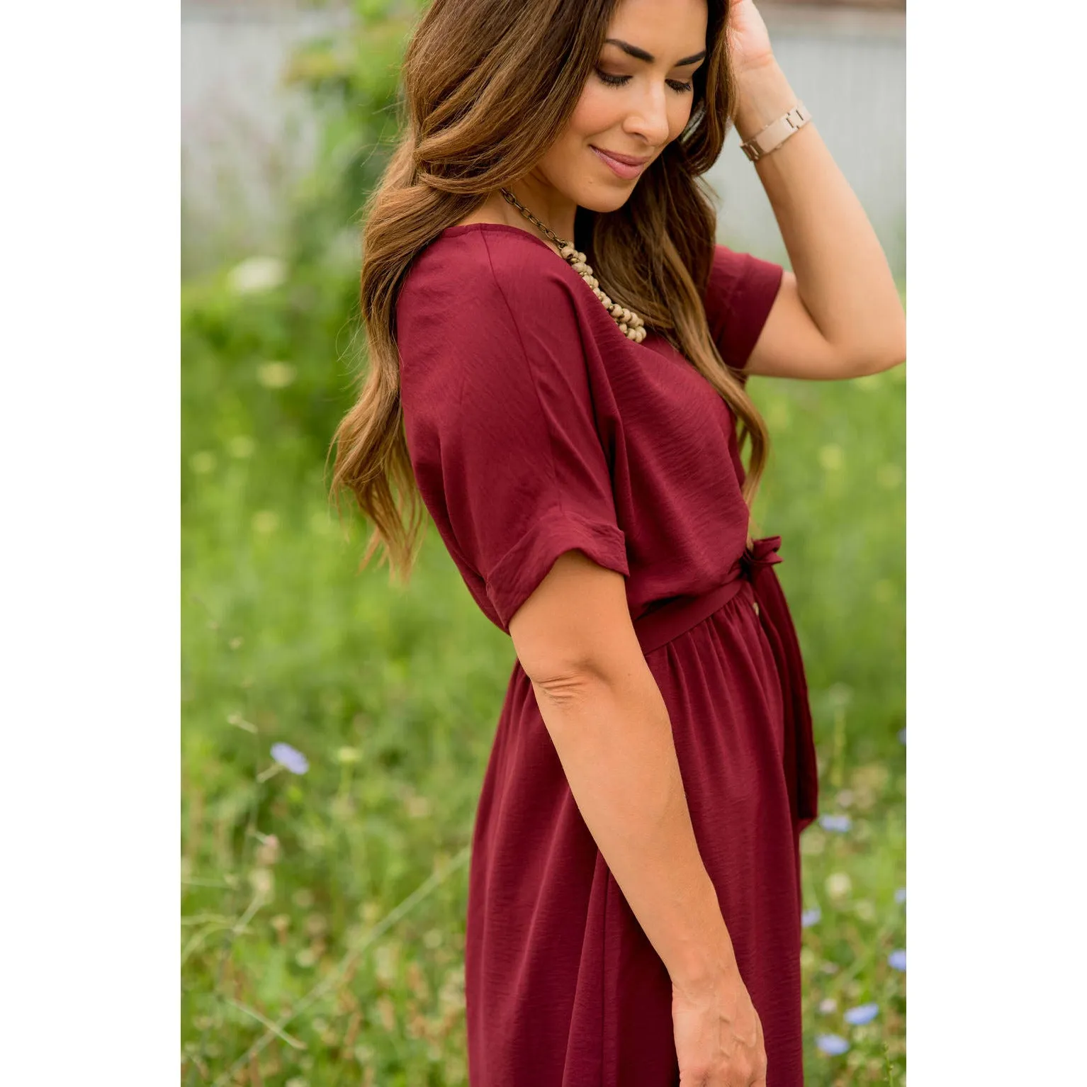 Cuffed Sleeve Tie Button Dress