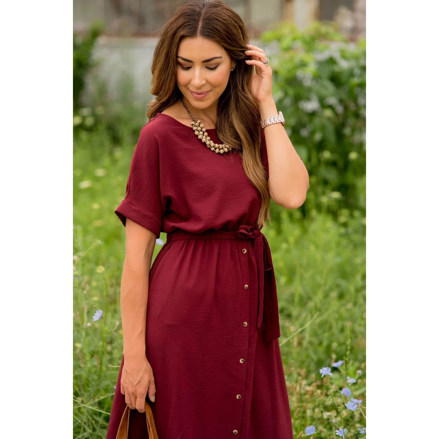 Cuffed Sleeve Tie Button Dress