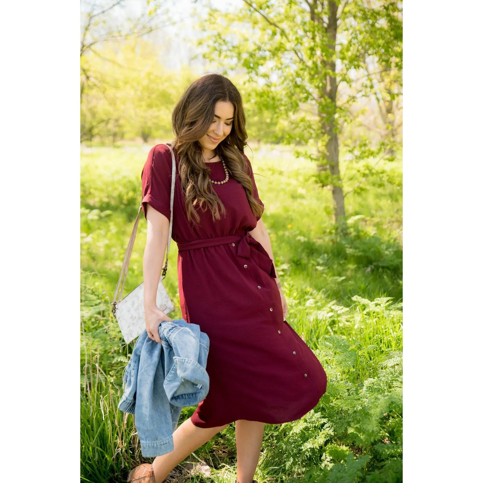 Cuffed Sleeve Tie Button Dress