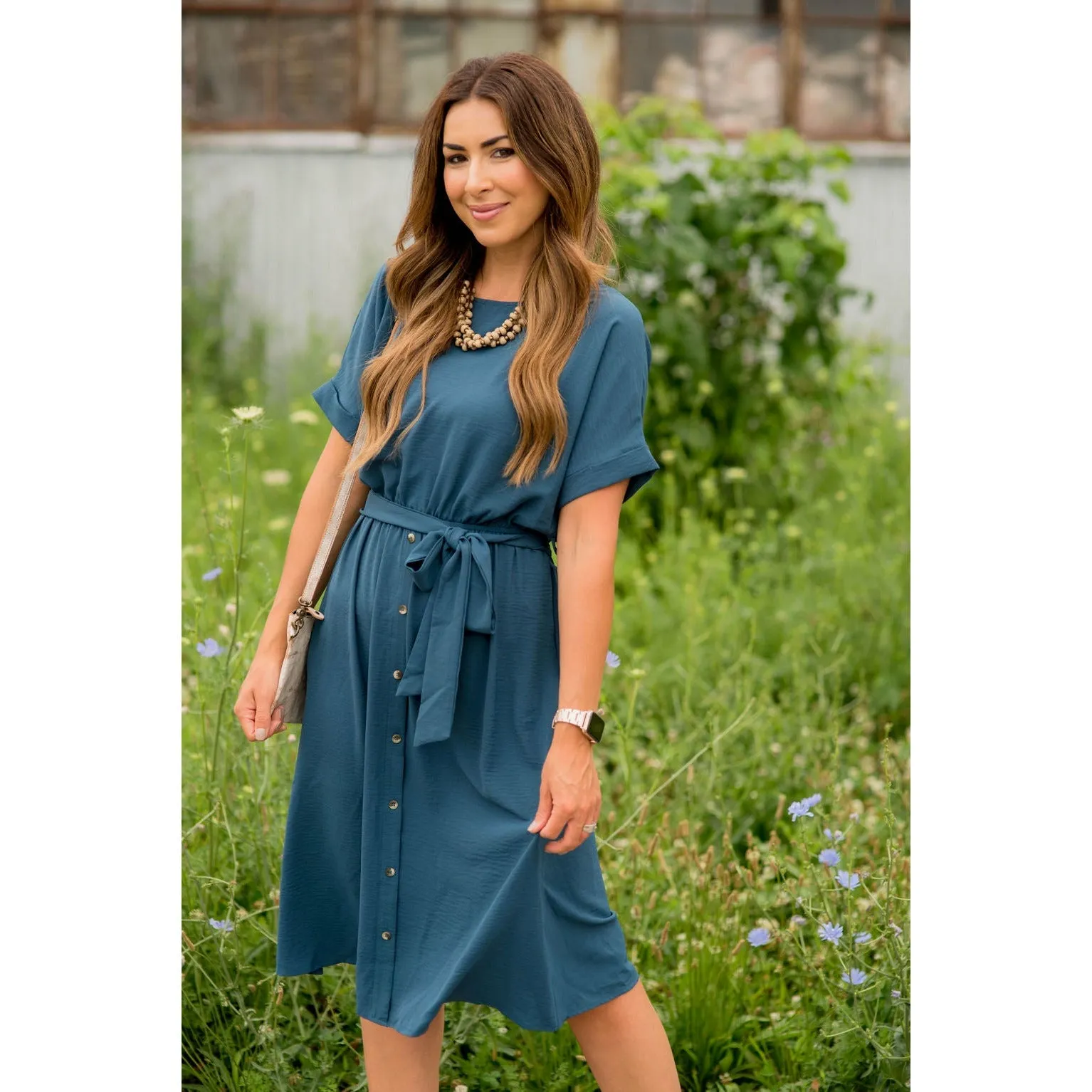 Cuffed Sleeve Tie Button Dress