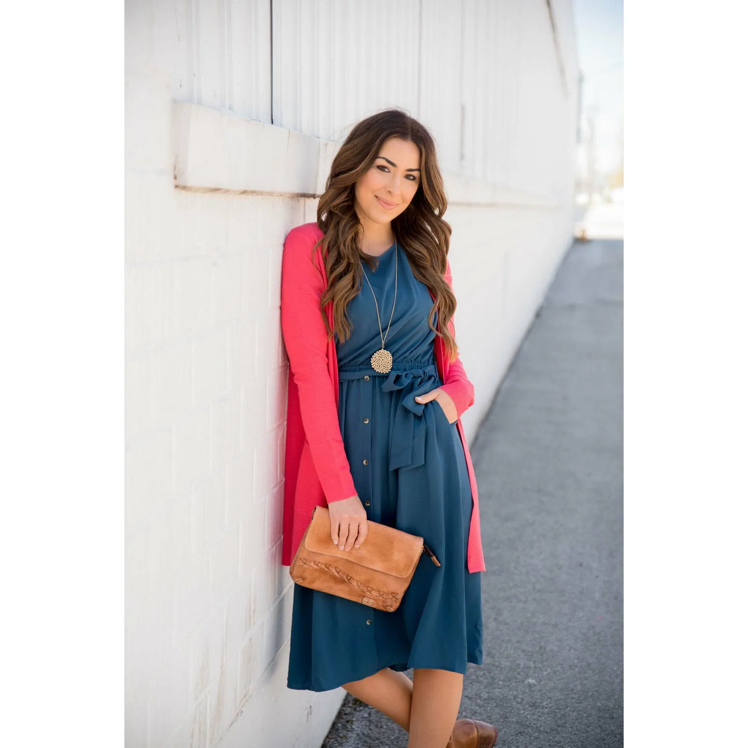 Cuffed Sleeve Tie Button Dress