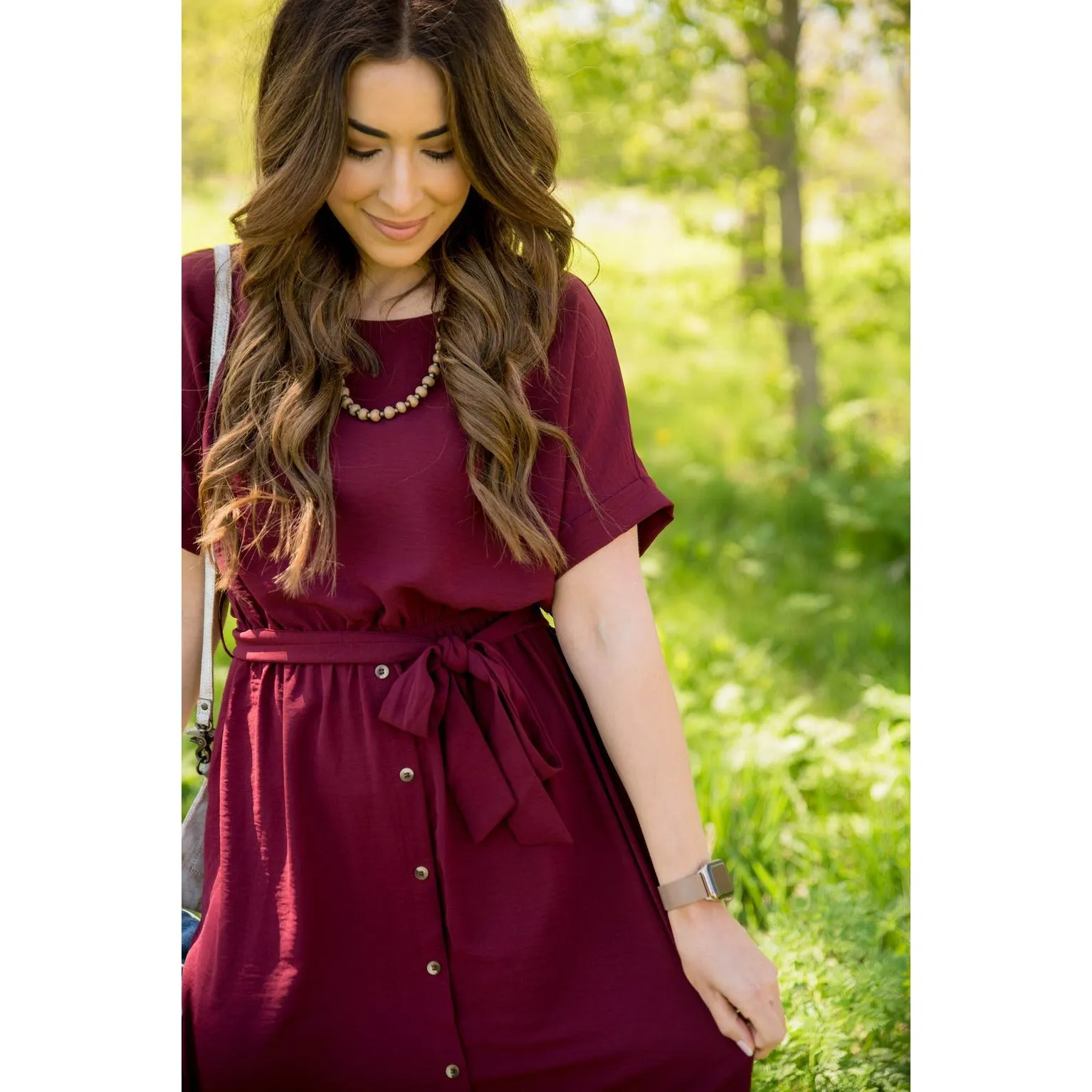 Cuffed Sleeve Tie Button Dress