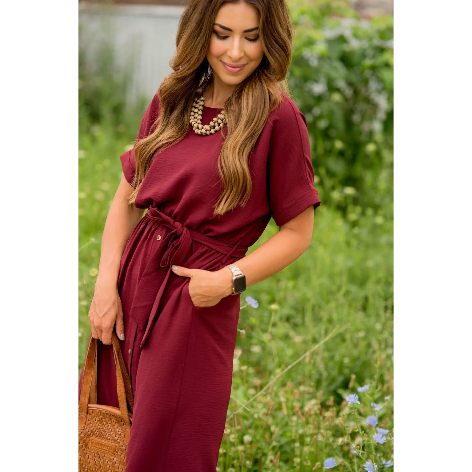 Cuffed Sleeve Tie Button Dress