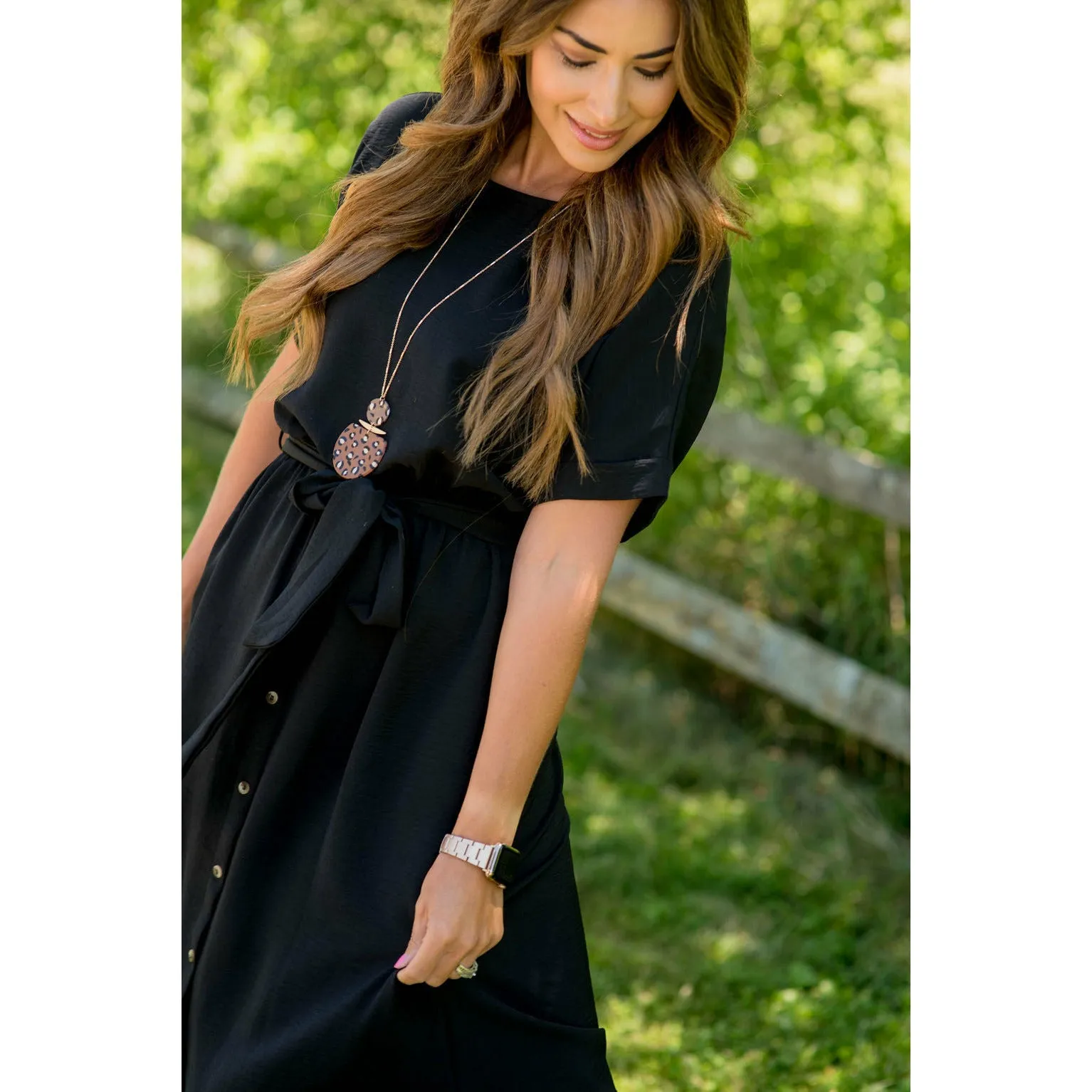 Cuffed Sleeve Tie Button Dress