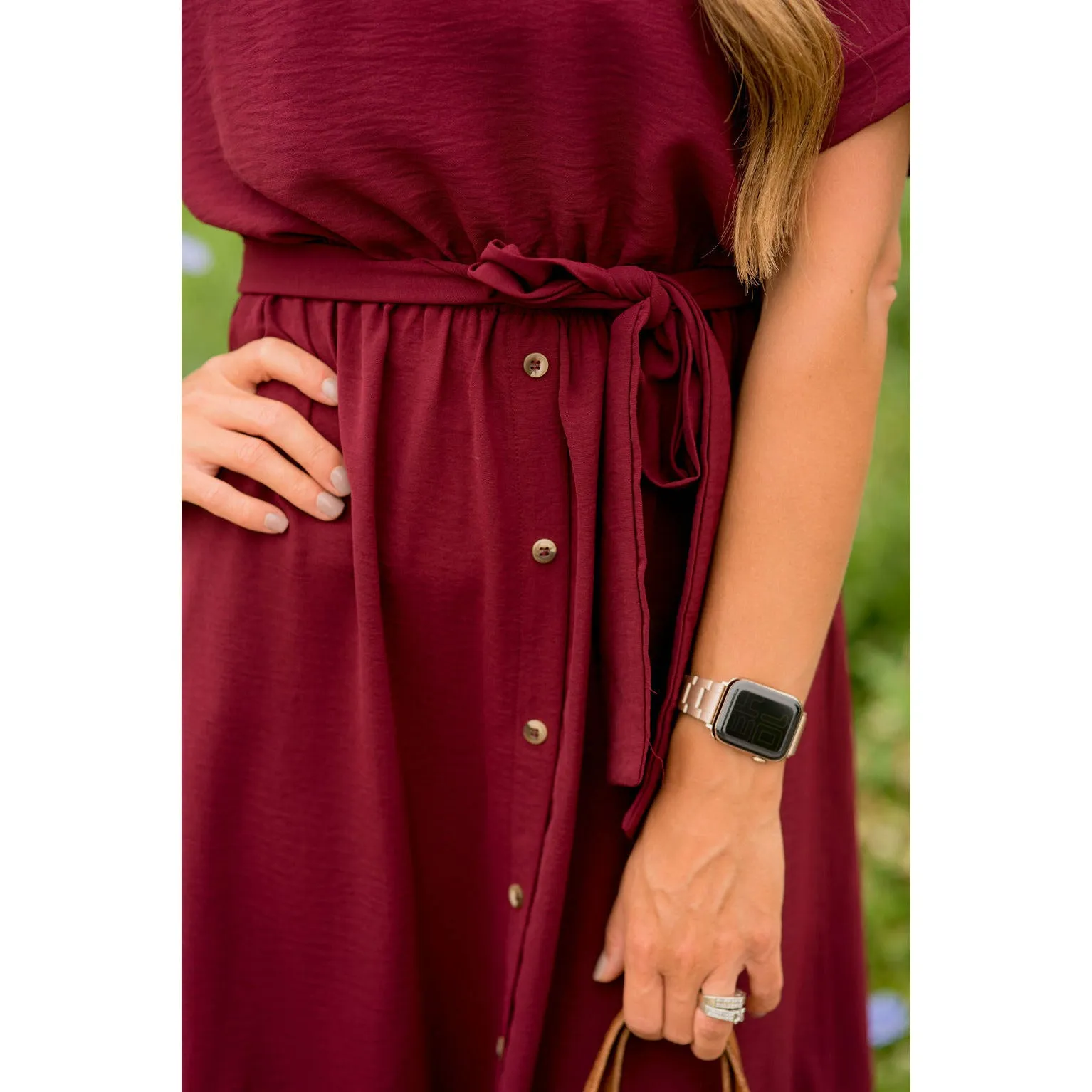 Cuffed Sleeve Tie Button Dress