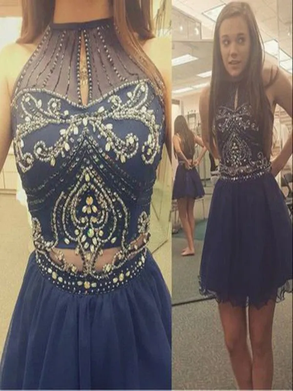 Custom Made A Line High Neck Short Blue Prom Dress, Short Graduation Dress, Short Homecoming Dress