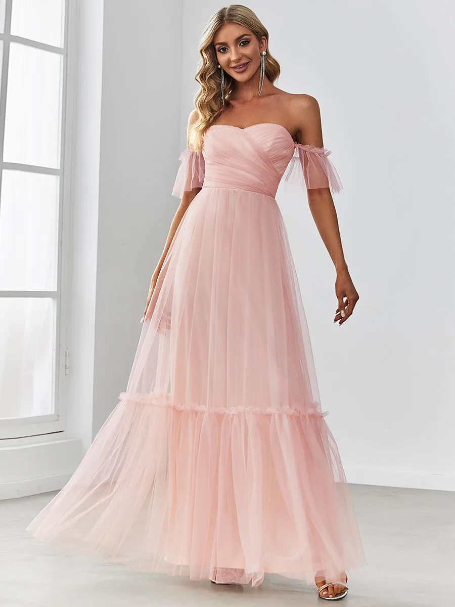 Custom Size Strapless A Line Ruffles Sleeves Wholesale Evening Dresses