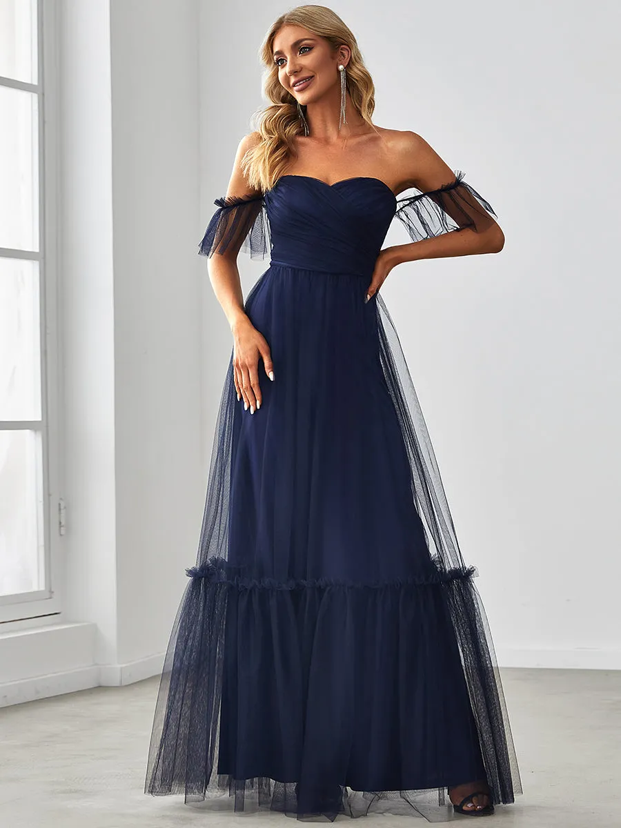 Custom Size Strapless A Line Ruffles Sleeves Wholesale Evening Dresses