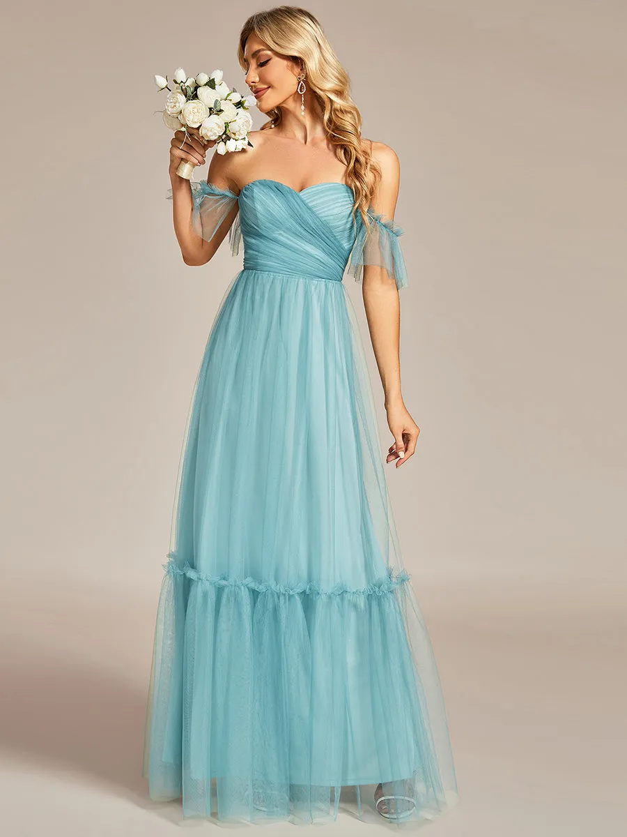 Custom Size Strapless A Line Ruffles Sleeves Wholesale Evening Dresses