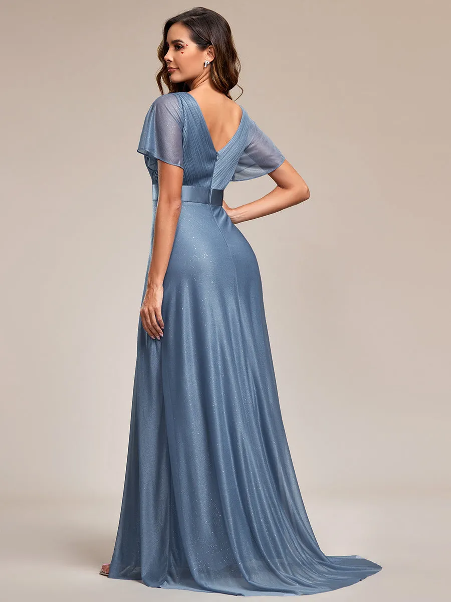 Deep V Neck Ruffles Sleeve A Line Wholesale Evening Dresses