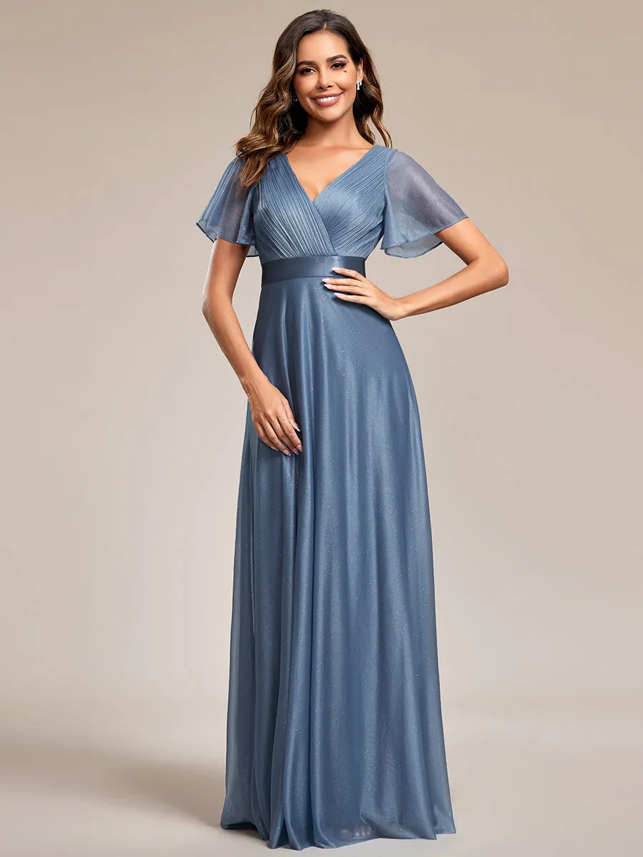 Deep V Neck Ruffles Sleeve A Line Wholesale Evening Dresses