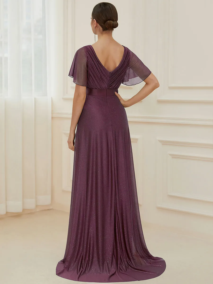 Deep V Neck Ruffles Sleeve A Line Wholesale Evening Dresses