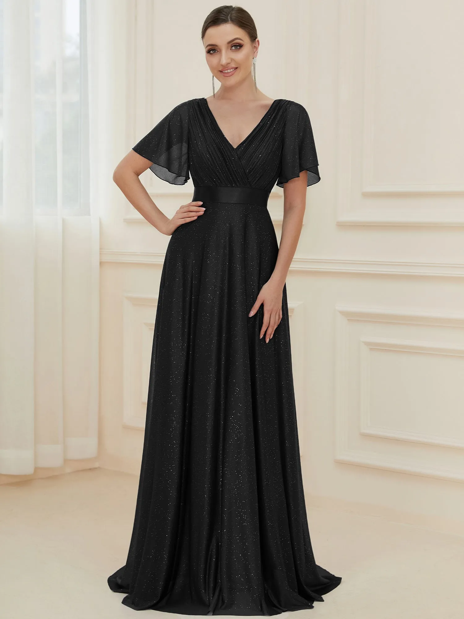 Deep V Neck Ruffles Sleeve A Line Wholesale Evening Dresses