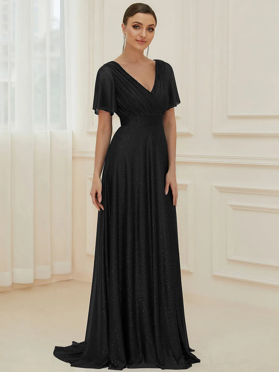 Deep V Neck Ruffles Sleeve A Line Wholesale Evening Dresses