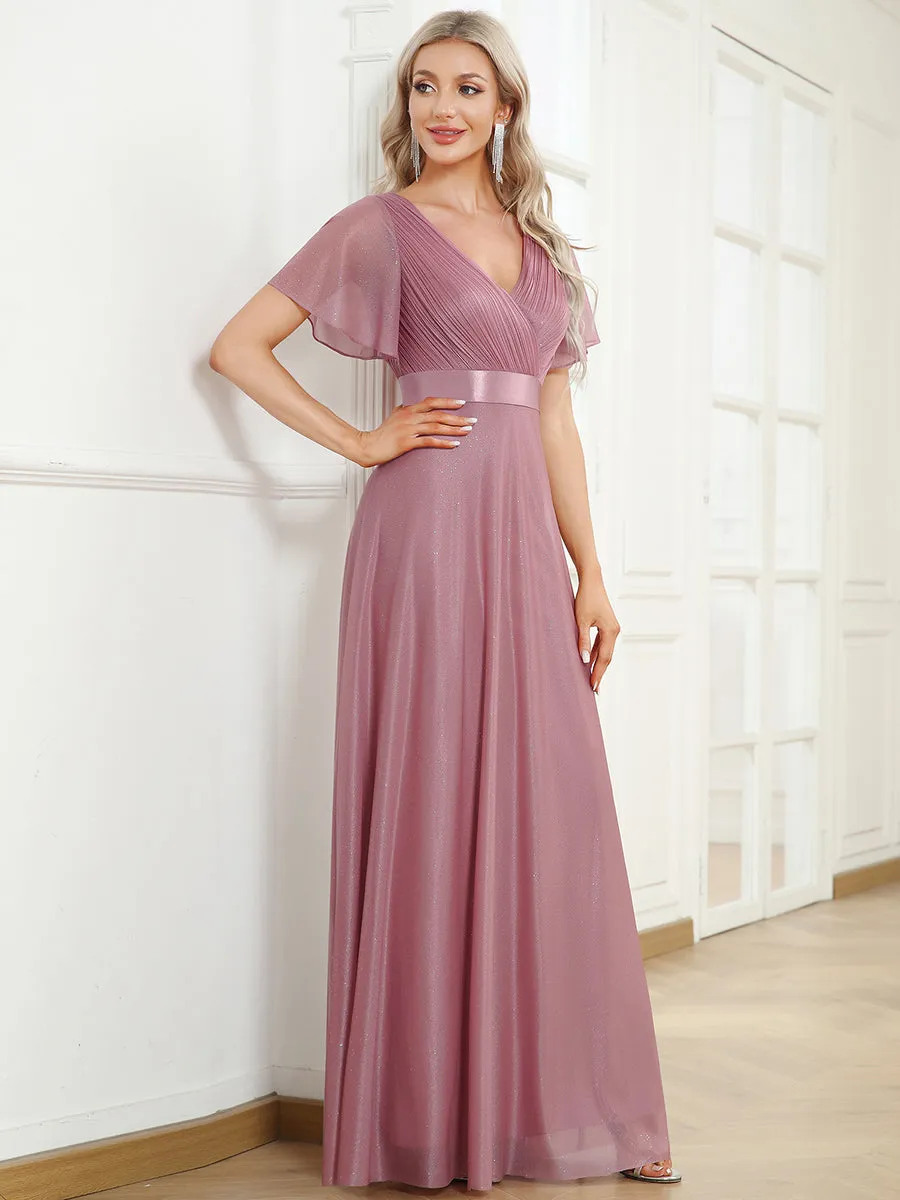 Deep V Neck Ruffles Sleeve A Line Wholesale Evening Dresses