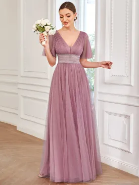 Deep V-Neck Short Ruffles Sleeves A Line Wholesale Bridesmaid Dresses