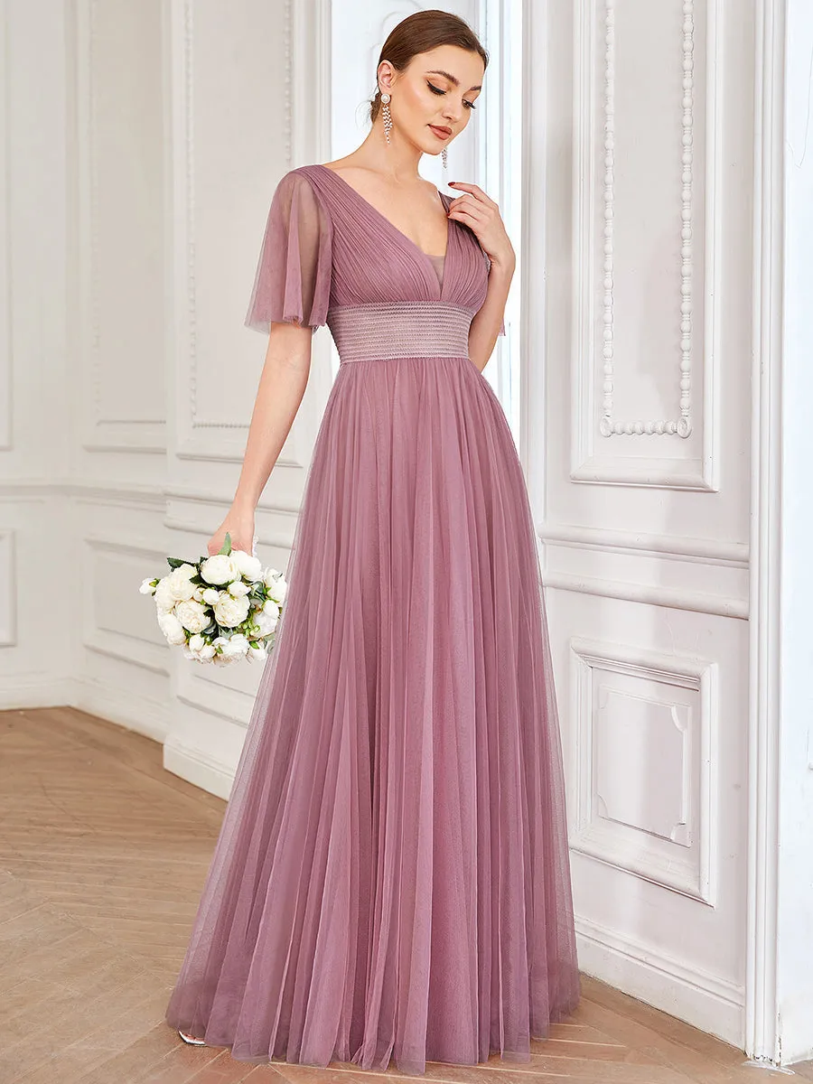 Deep V-Neck Short Ruffles Sleeves A Line Wholesale Bridesmaid Dresses