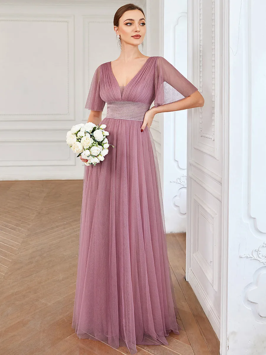 Deep V-Neck Short Ruffles Sleeves A Line Wholesale Bridesmaid Dresses