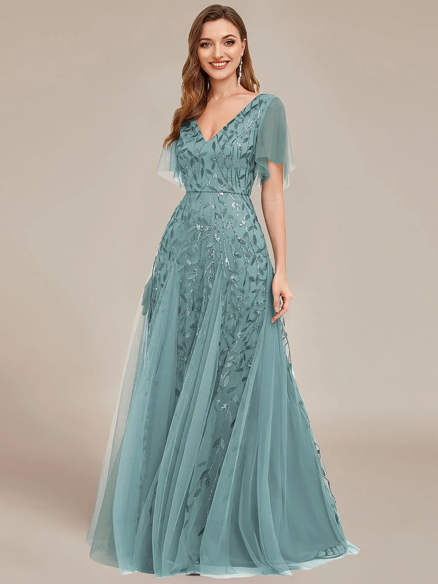 Deep V Neck Wholesale Sequin Evening Gown With Short Sleeves